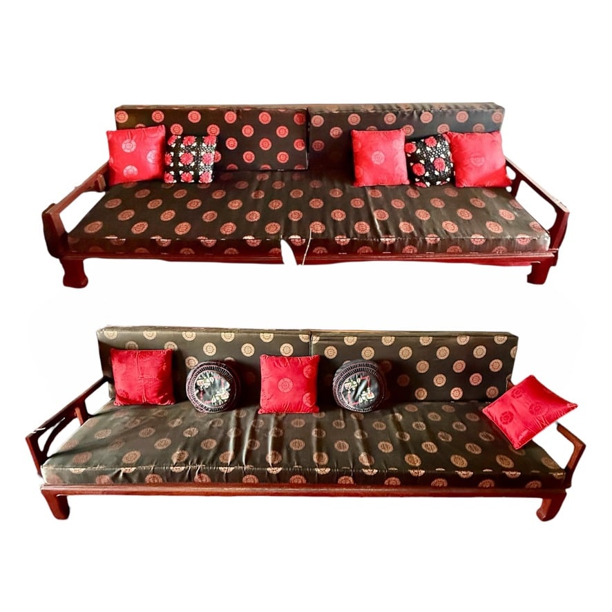Set of 2 Rosewood Long Bench: A pair of elegant rosewood long benches featuring sleek, linear frames and subtle carvings, upholstered in a dark fabric patterned with red medallions and complemented by matching red accent pillows.