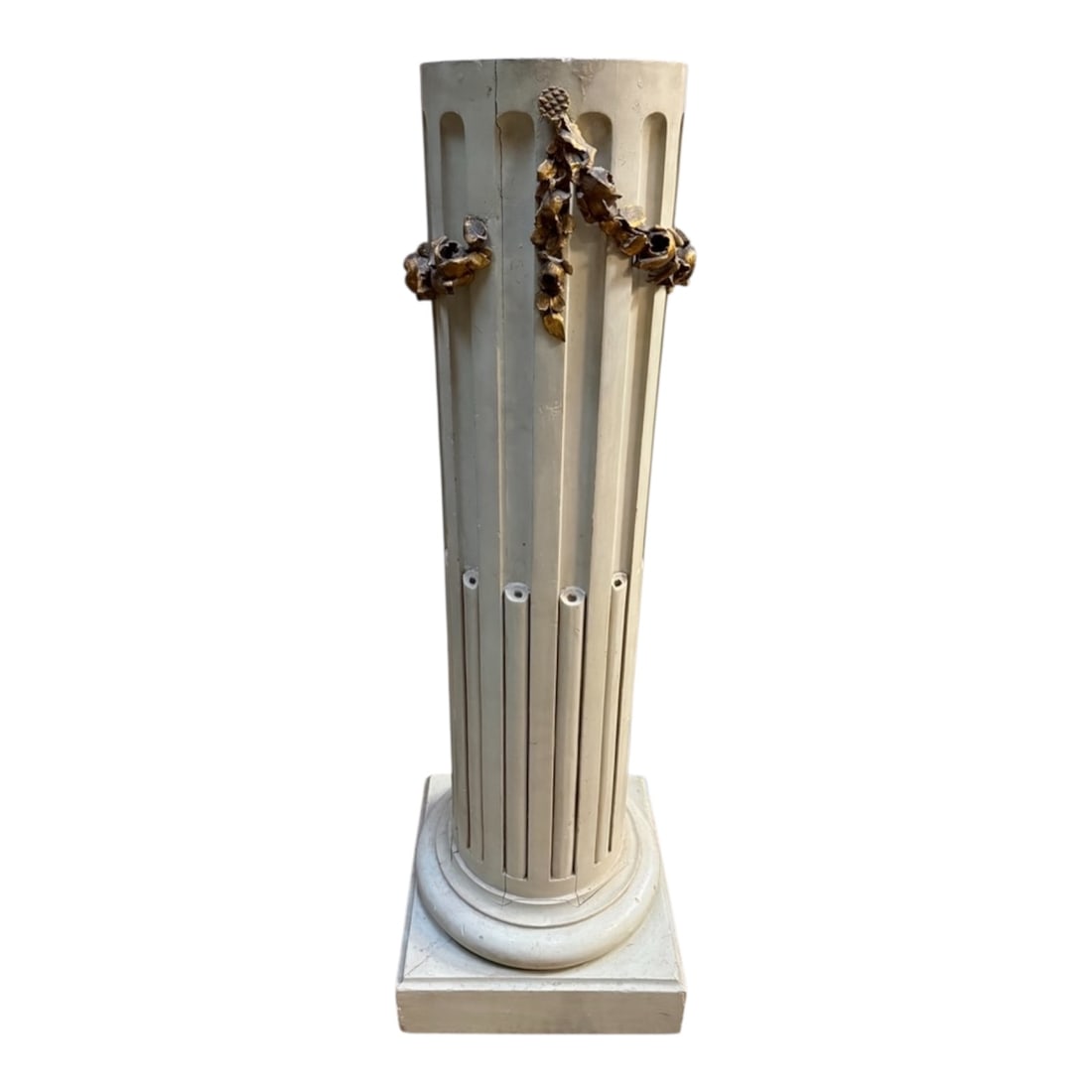 Neoclassical-Style Fluted Pedestal Column with Gilt Accents: This neoclassical-style pedestal column features a fluted shaft and square base, highlighted with decorative gilt metal garland and rosette accents near the top. The elegant proportions and classical