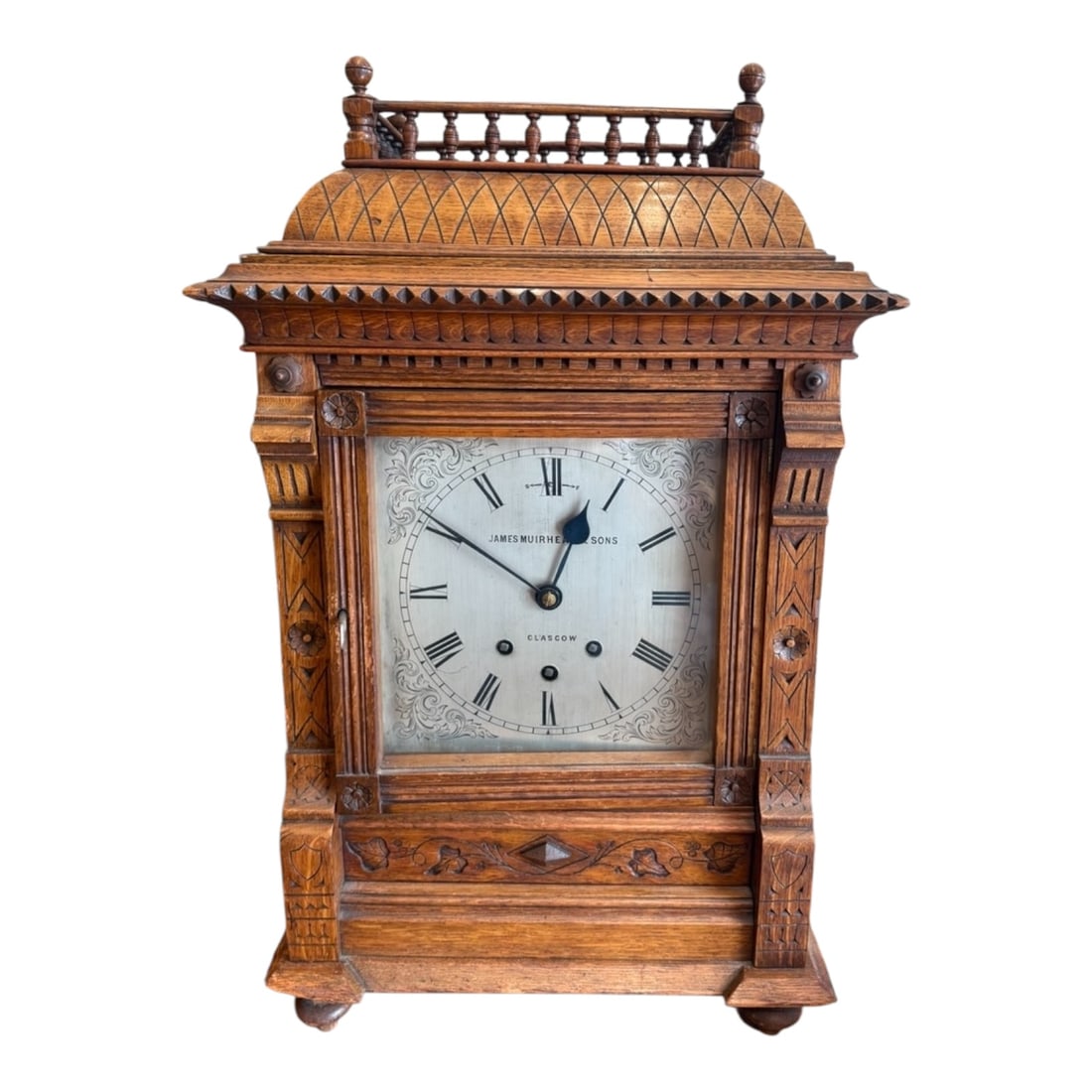 Victorian Carved Oak Mantel Clock by James Muirhead & Sons, Glasgow (1 of 11)