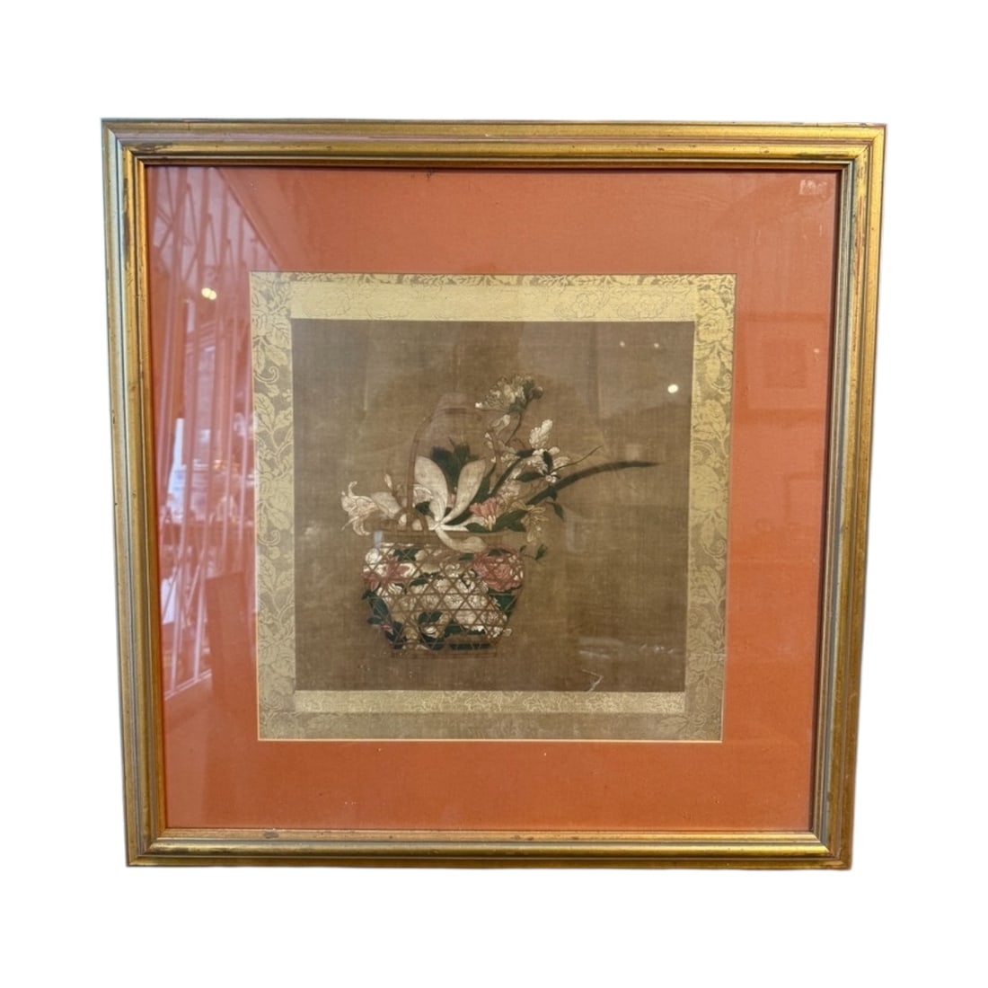 Japanese Floral Basket Artwork: Decorative Japanese-style artwork depicting an elegant floral arrangement in a woven basket. The composition features delicate blossoms and foliage rendered in soft, natural tones against a muted grou