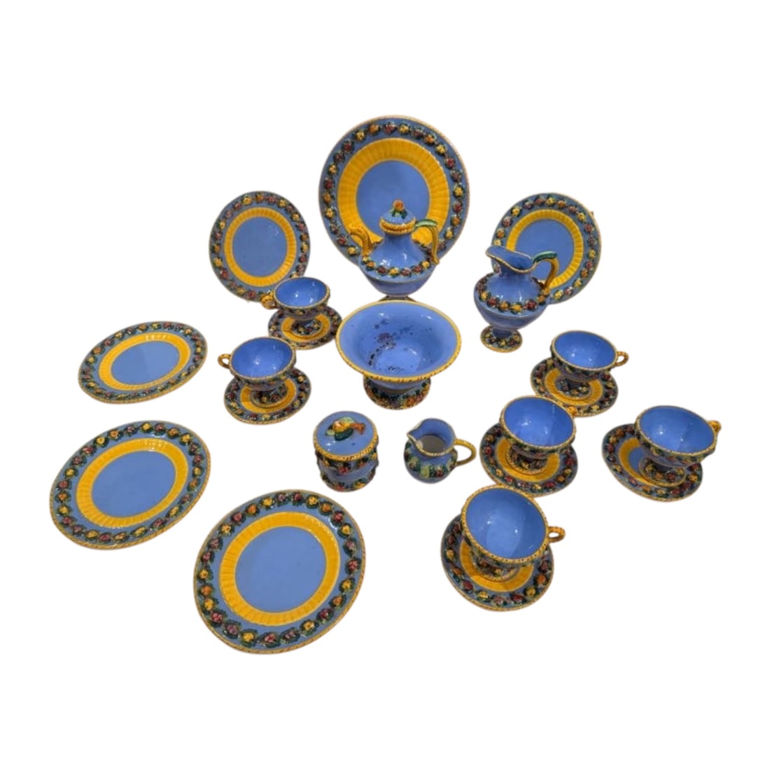 Vintage Italy Blue & Yellow Floral Tea Service Ceramic Set: Striking vintage Italy ceramic tea service in a vibrant cornflower blue and golden yellow color palette. Each piece is beautifully accented with a raised floral garland border in multicolor relief, ad