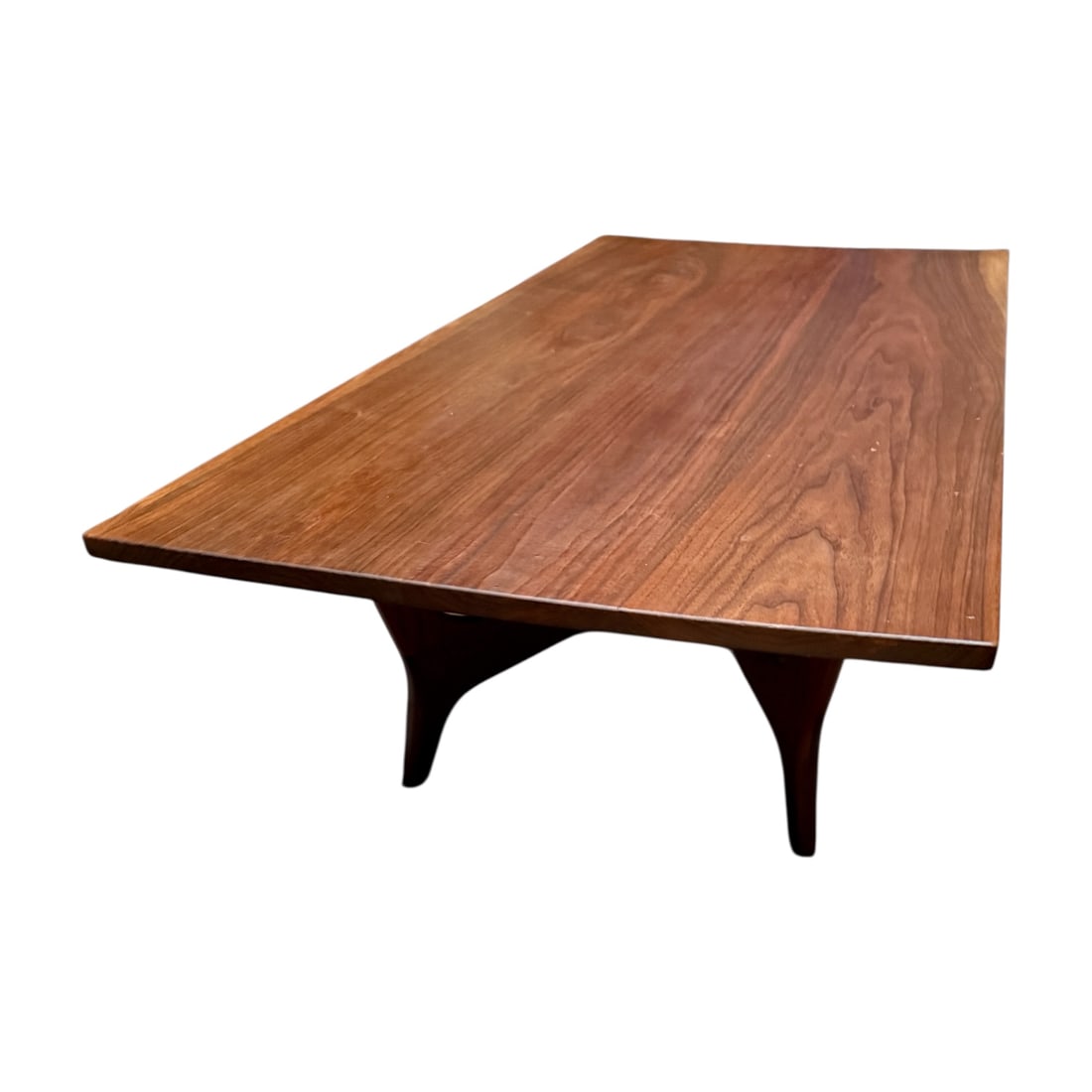 Classic mid-century modern coffee table crafted in walnut: Dimensions: 48 inches long × 24 inches wide × 13 inches highMaterial: Walnut veneer over wood framePeriod: Mid-20th century (circa 1960s)
