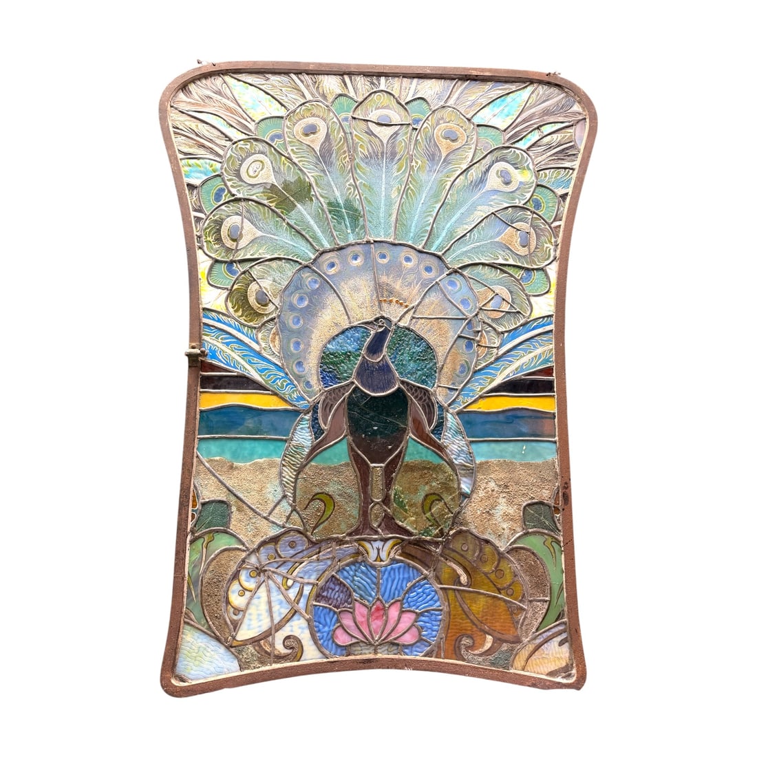 Art Nouveau Peacock Stained Glass Window Panel: Decorative Art Nouveau style stained glass window panel featuring a vibrant peacock with fully fanned tail feathers, surrounded by flowing organic motifs and stylized landscape elements. The design