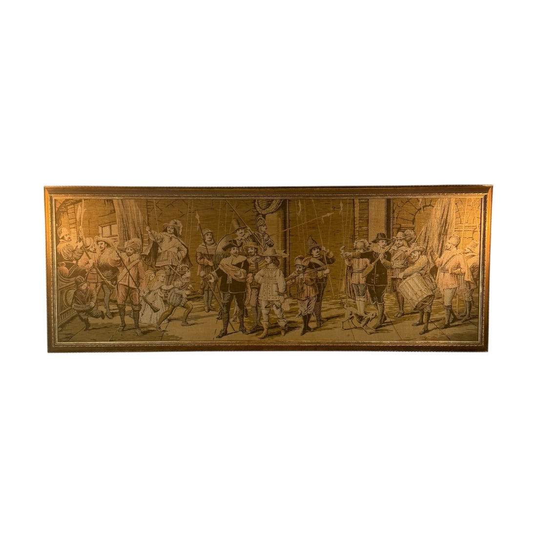 Vintage French Figural Tapestry: Striking vintage French-style tapestry depicting a lively historical procession scene. The composition features musicians, soldiers, and figures in period dress marching through an architectural
