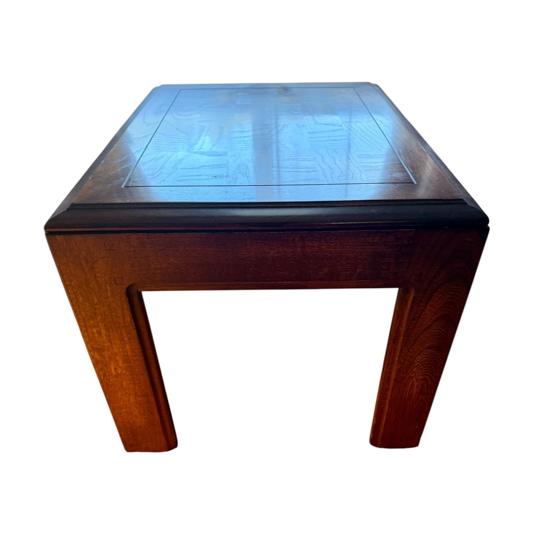 Vintage Bassett Parquet Wood Side Table: Beautiful vintage Bassett side table featuring a striking parquet wood inlay top framed by a solid wood border. The chunky square legs and clean lines give it a timeless design that works well in