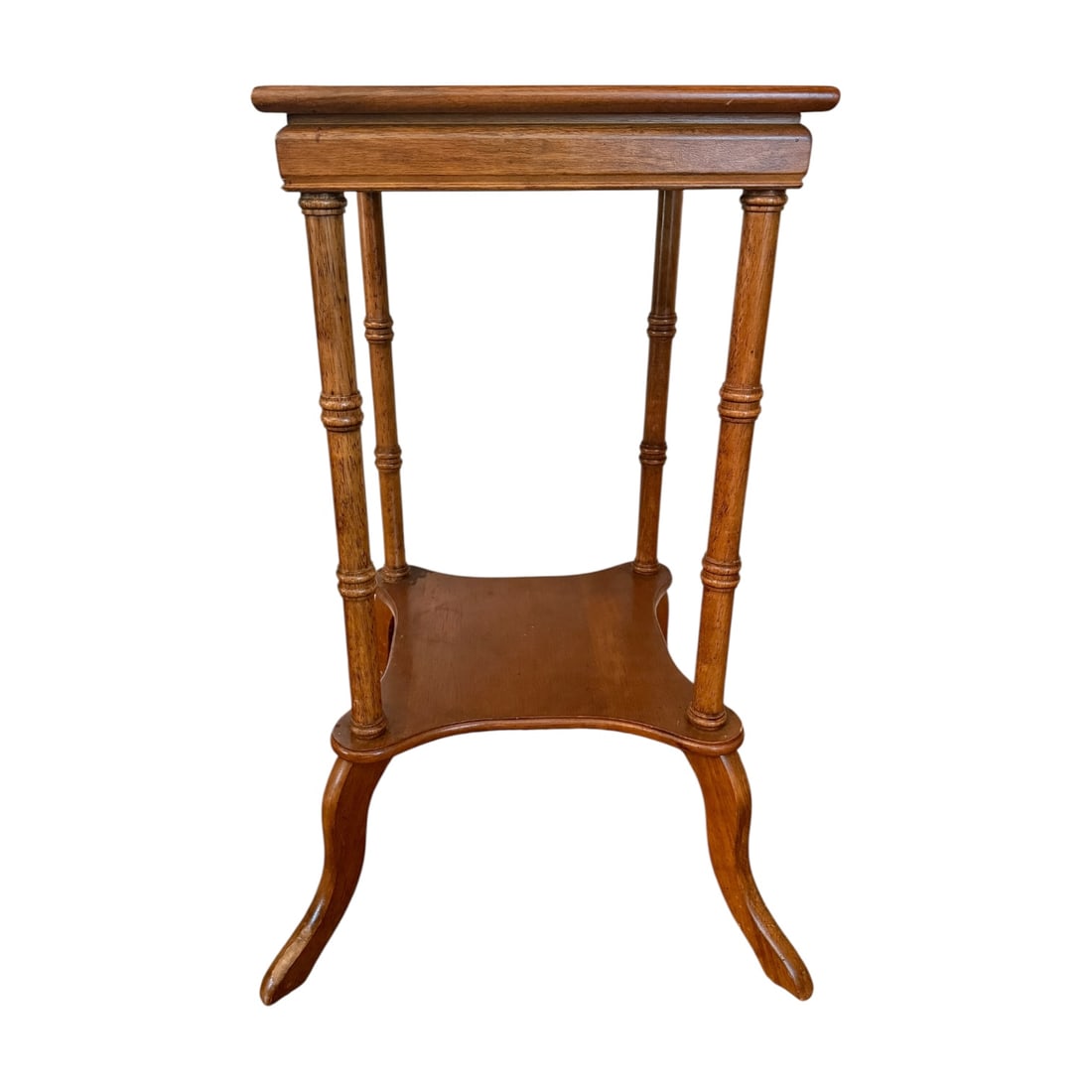 Mahogany Inlaid Lamp Table / Plant Stand: Elegant mahogany lamp table featuring a square top with decorative inlaid veneer panels forming a geometric pattern. The table stands on four slender turned legs joined by a shaped lower shelf,