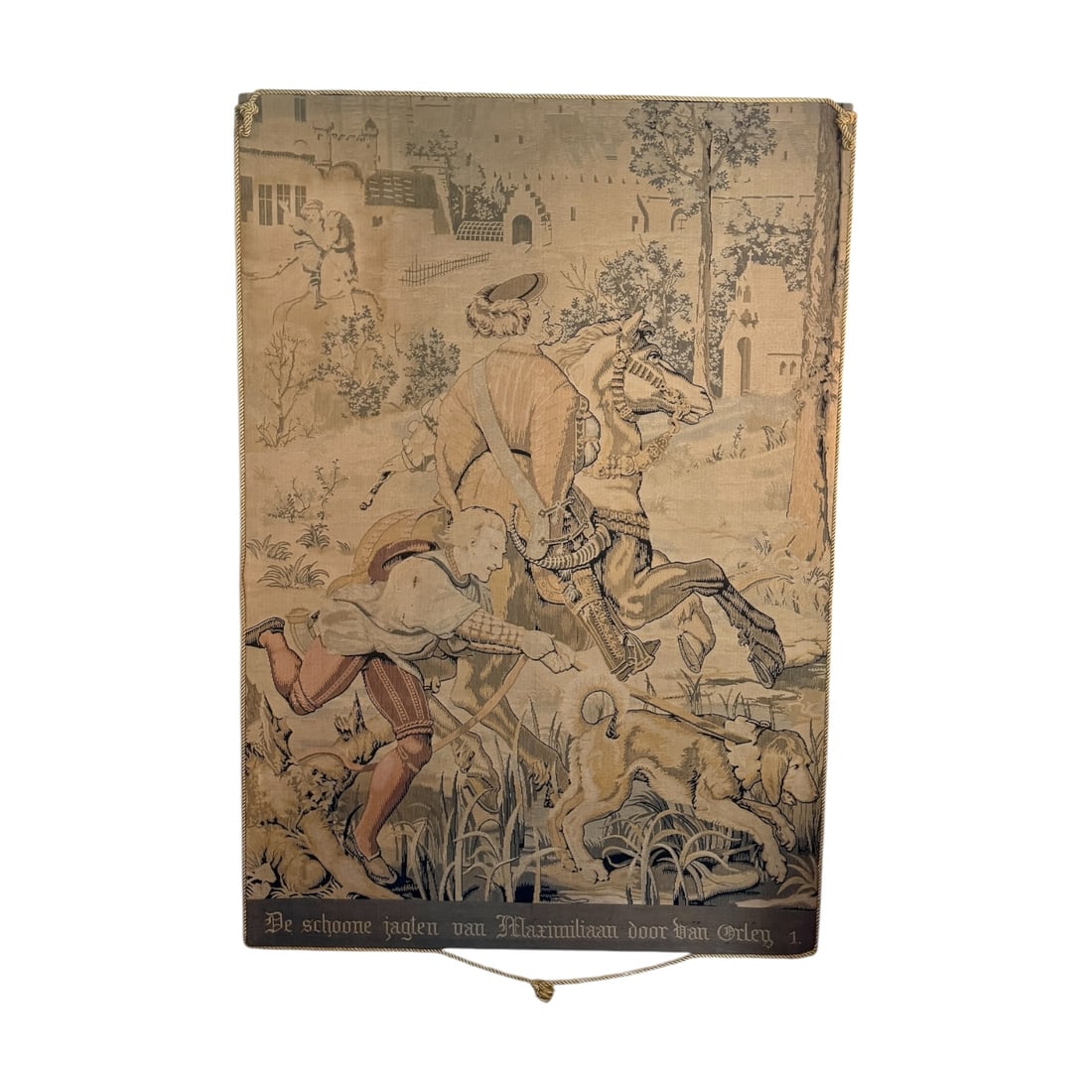 Large Flemish Hunting Scene Tapestry – De schoone jagten van Maximiliaan After Bernard van Orley: Large decorative European-style woven wall tapestry depicting a scene from the famous Renaissance tapestry cycle “The Hunts of Maximilian” (De schoone jagten van MaximiliaExecuted in woven