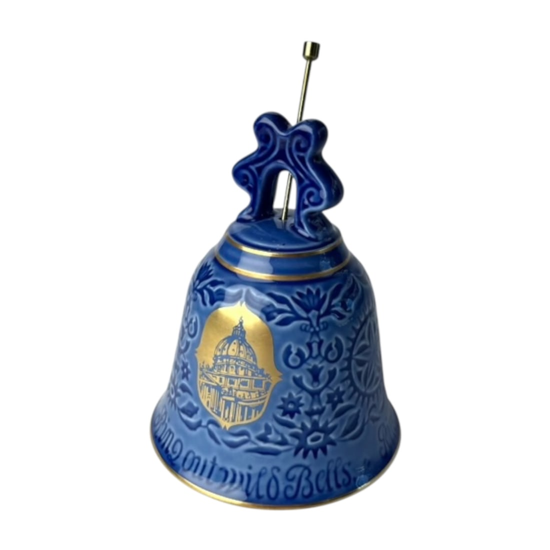 1975 Bing & Grondahl Annual Christmas bell: Produced in Denmark, this series was dedicated to famous churches around the world, now becoming a collectable. It depicts a raised gold relief medallion. The body is crafted from deep cobalt blue por