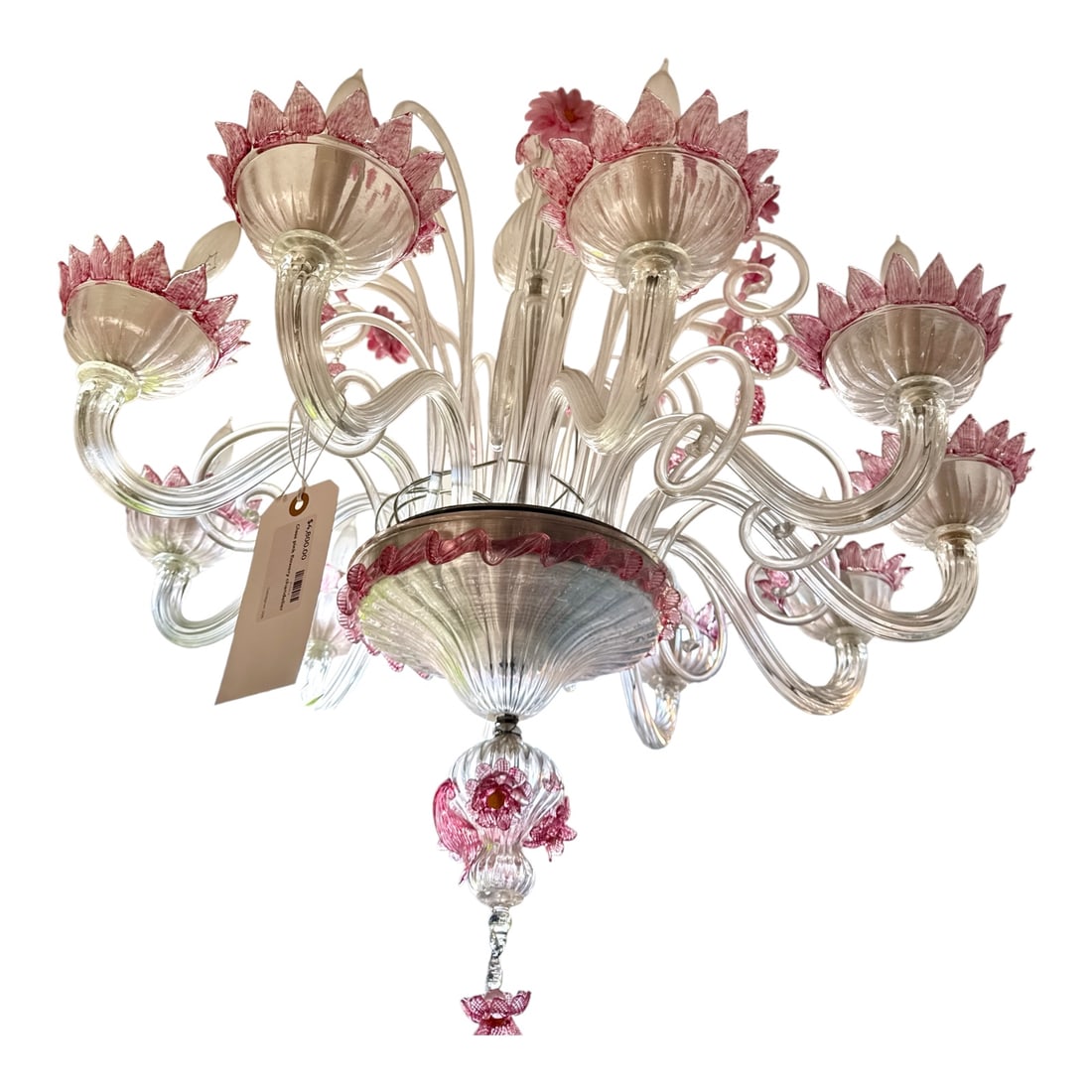Large Pink Floral Glass Murano Style Chandelier: 3 x 4 ft tall. Striking multi-arm glass chandelier featuring a clear blown-glass framework accented with applied pink floral blossoms, leaf-form bobeches, and textured pink glass drops. The scrolling 