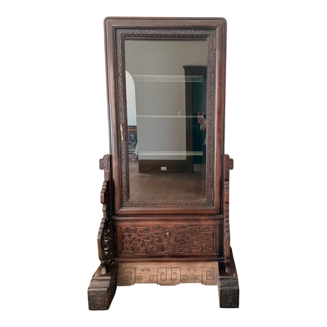Chinese Carved Hardwood Display Cabinet with Glass Door and Drawer (1 of 12)