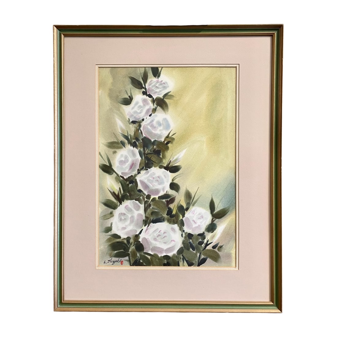 Lewis Suzuki Signed Floral Watercolor: With Frame 23.5" x 29.5", without frame 15" x 21.5". Original floral watercolor by Lewis Suzuki (American, 1920–2016), depicting a vertical arrangement of soft white and pale lavender roses against 