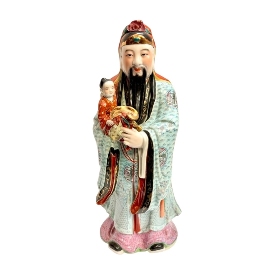 Large Vintage Chinese Famille Rose Porcelain Fu Xing Figure with Child & Ruyi: Large hand-painted Chinese porcelain figure depicting Fu Xing, the traditional deity associated with good fortune, happiness, prosperity and family blessings. Fu Xing is commonly represented with a ch