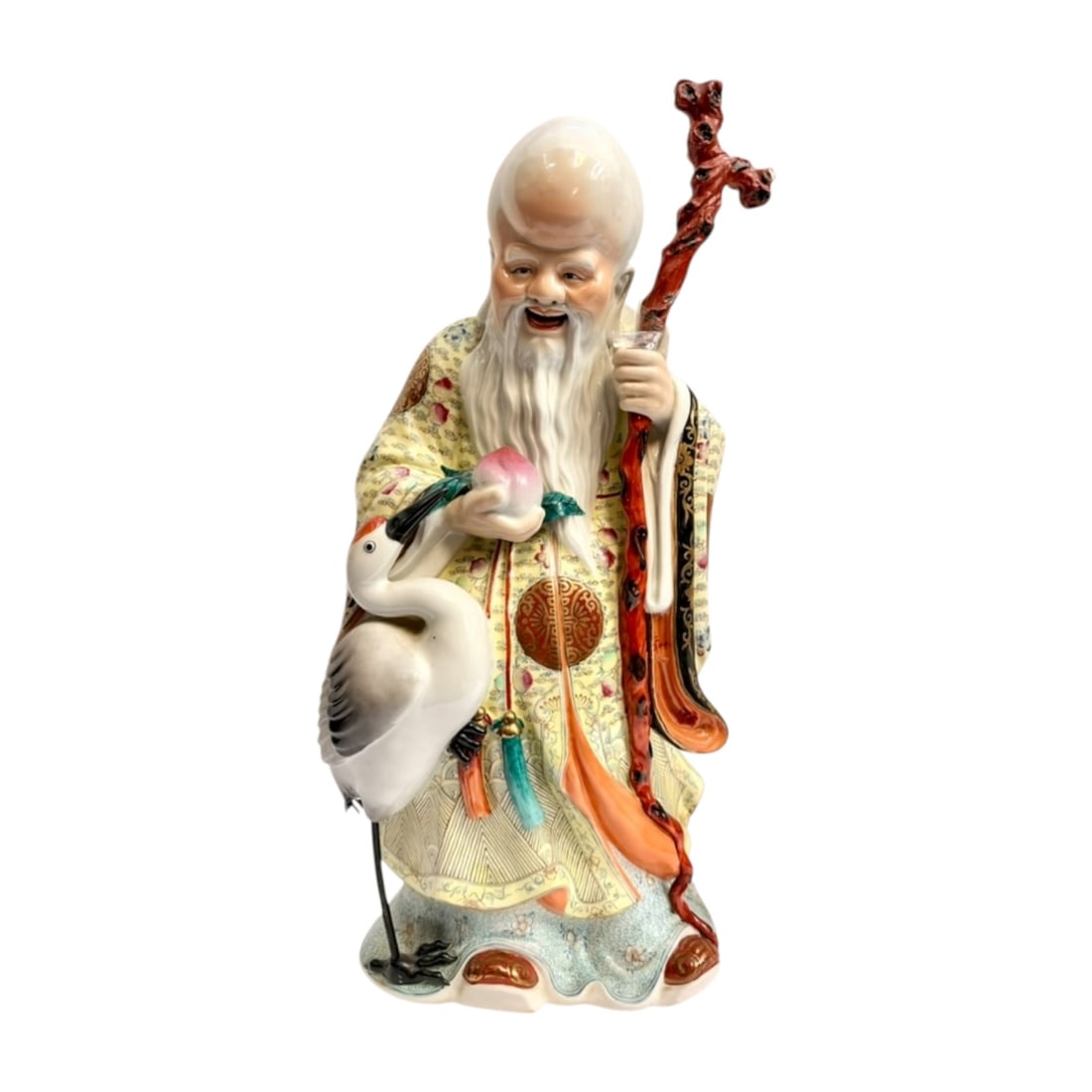 Large Vintage Chinese Famille Rose Porcelain Shou Xing Gong Figure with Crane & Peach (1 of 11)