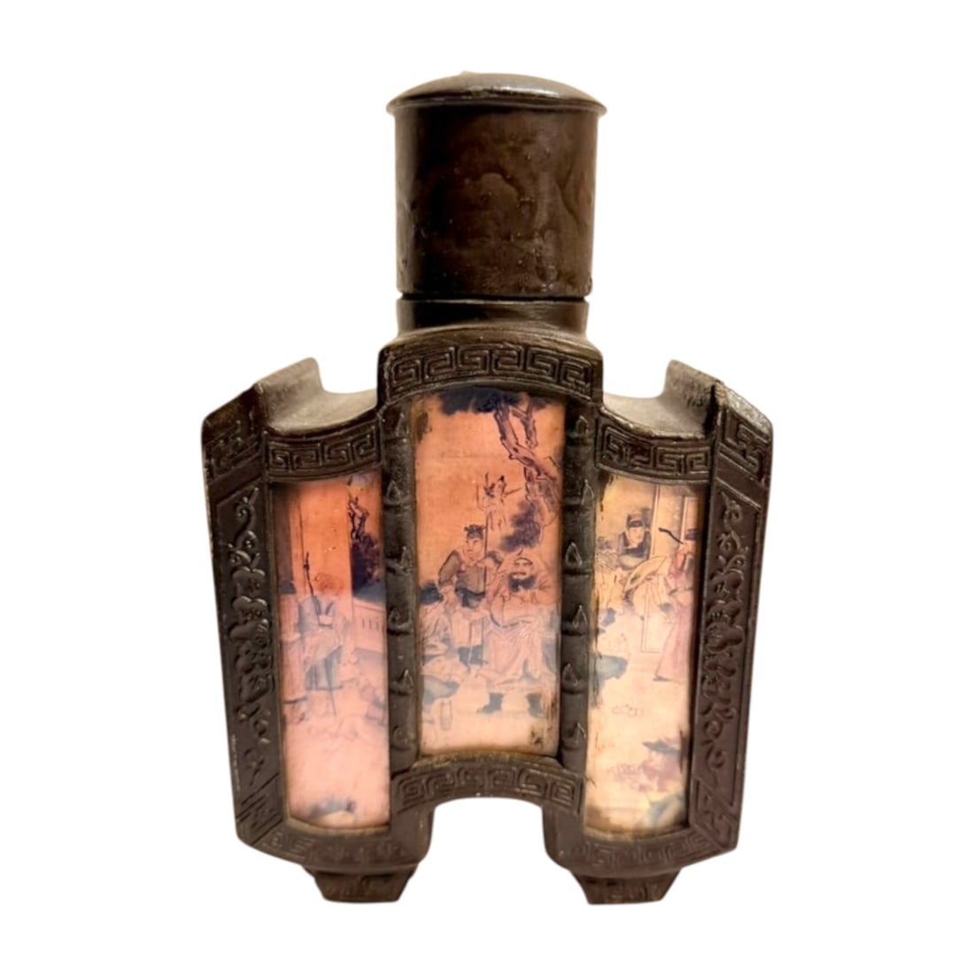 Antique Chinese Pewter & Glass Decanter: An unusual antique Chinese pewter and glass decanter featuring a distinctive architectural-style pewter frame enclosing three painted glass panels. The panels depict traditional Chinese figures and la