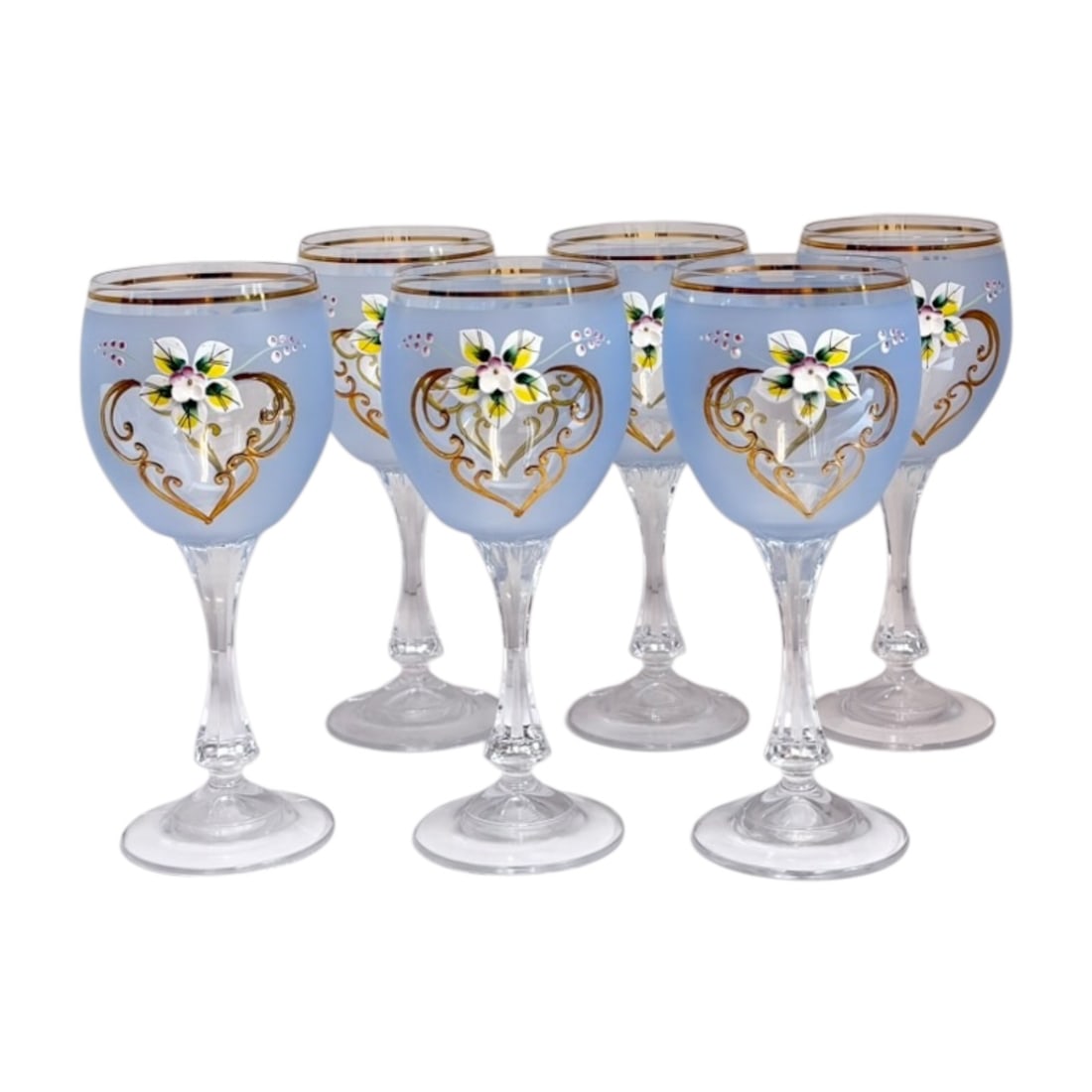 Set of 6 Czech Bohemian Hand-Painted Blue Glass Goblets: Elegant set of six vintage Czech Bohemian art glass goblets featuring a soft blue frosted glass finish, delicate hand-painted floral motifs, and ornate gilded gold accents. Each goblet is further embe