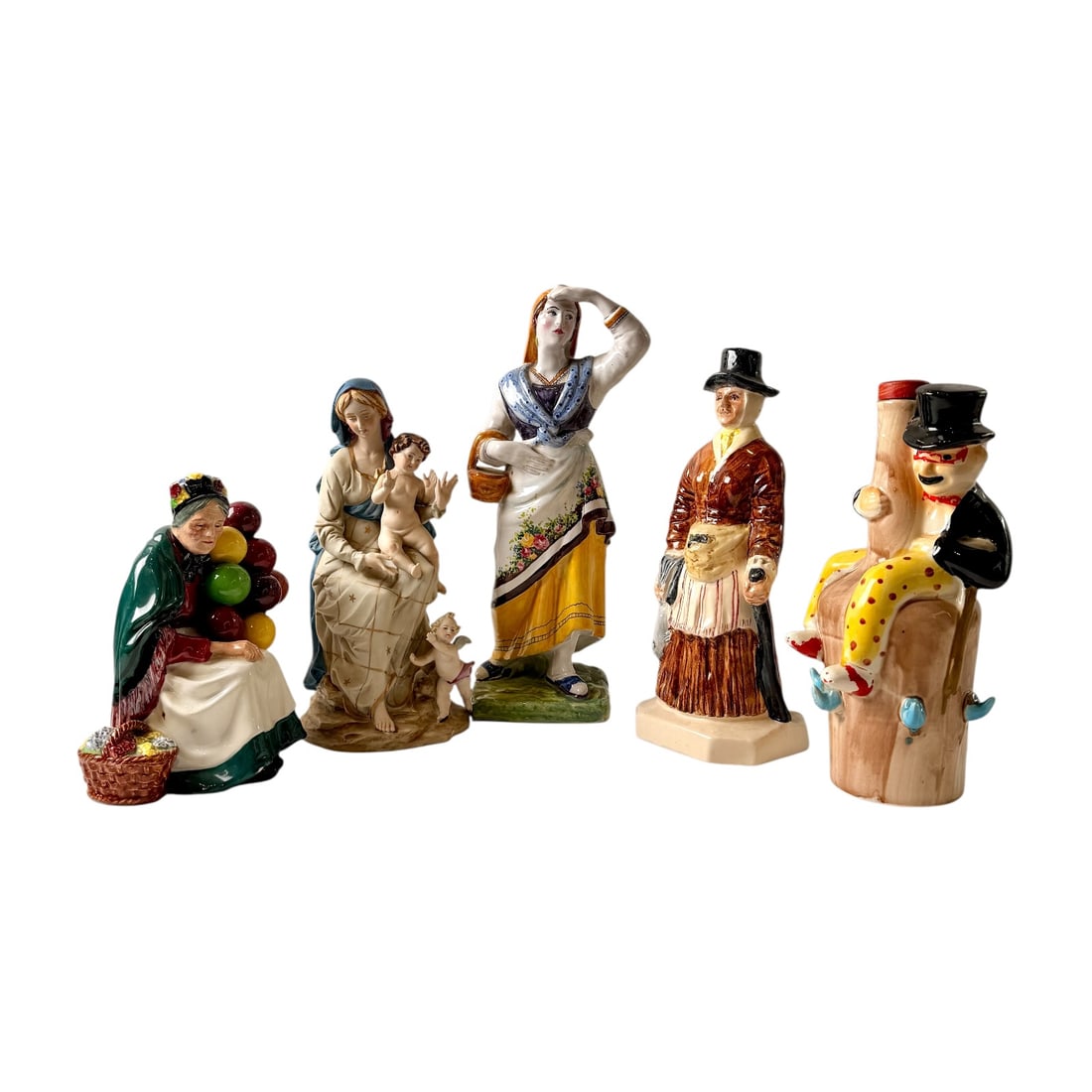 Collection of Five Ceramic Figurines Including Royal Doulton Old Balloon Seller: Collection of five decorative ceramic figurines representing a variety of European-inspired subjects, including a marked Royal Doulton "The Old Balloon Seller" HN1315, a Madonna and Child figure, a fl