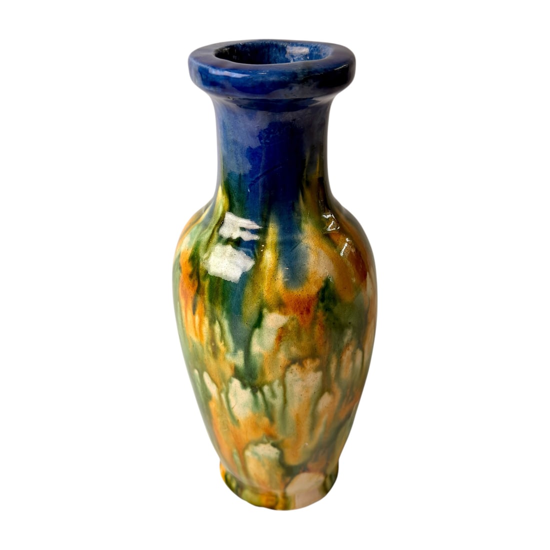 Large Studio Art Pottery Drip Glaze Vase: Handcrafted studio art pottery vase featuring a striking multicolor drip glaze in rich shades of cobalt blue, green, amber, cream, and ochre. The tall baluster-form body is finished with a wide flared
