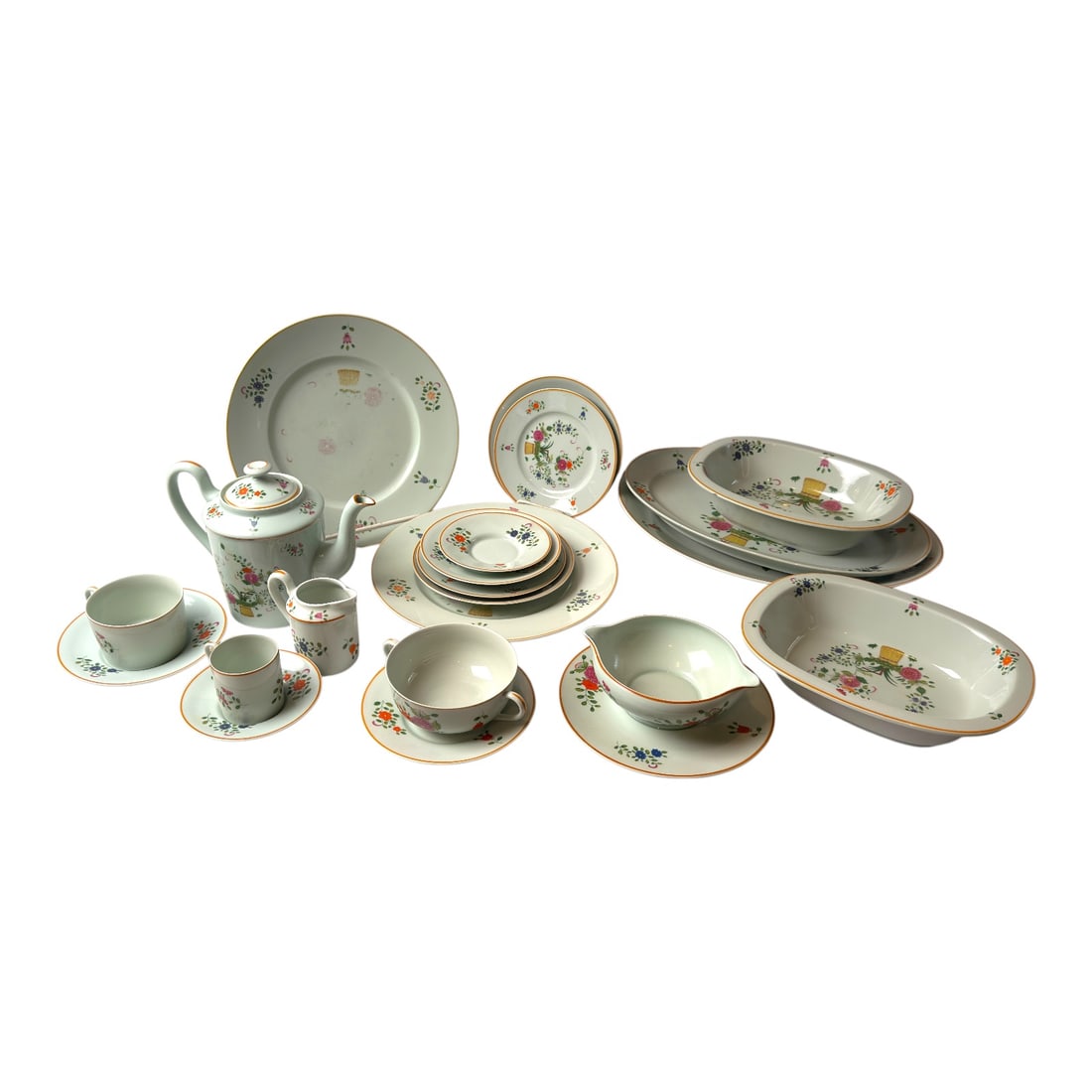 Vintage A. Raynaud & Cie Ceralene Limoges Porcelain Floral Tea and Coffee Service: A charming and substantial collection of vintage Continental porcelain tableware, featuring delicate multicolored floral sprays, botanical motifs, and elegant gilt rims. The service includes a variety