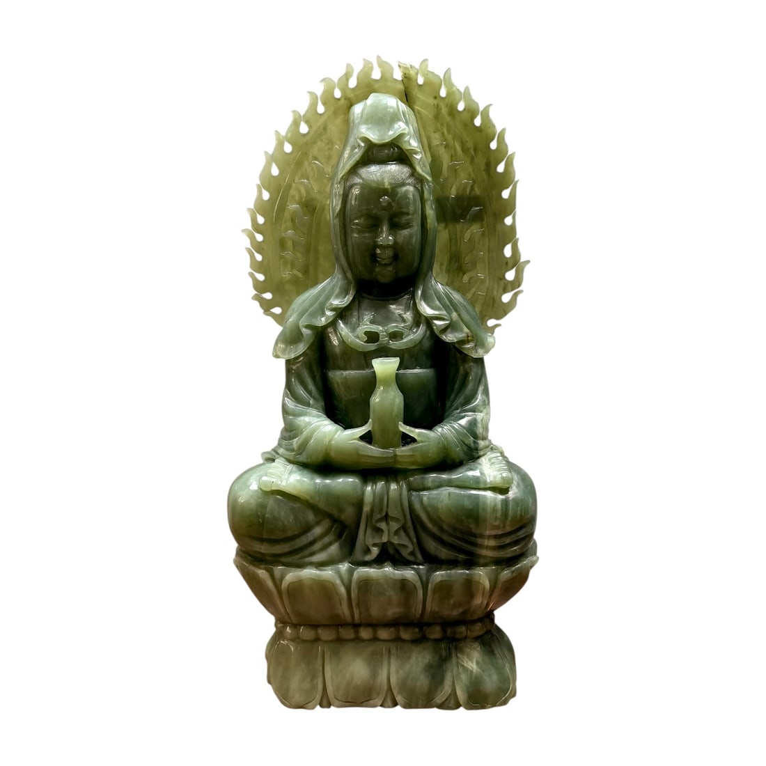 Chinese Carved Bowenite Jade Guanyin Statue Seated Lotus Flaming Mandorla: Vintage Chinese hand-carved stone statue depicting Guanyin (Kuan Yin), the Bodhisattva of Compassion and Mercy.The figure is traditionally carved from a variegated, translucent olive-green hardstone��