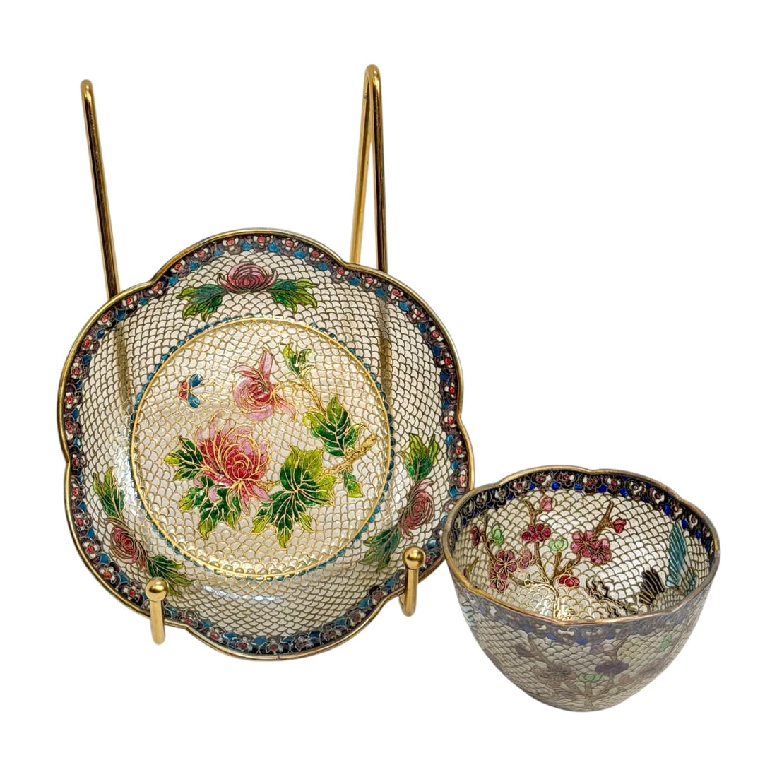 Chinese Silver Wire Cloisonne Plique-a-Jour Shot Cup Saucer Crane Peony Set: A delicate and highly collectible vintage Chinese export plique-à-jour enamel cup and saucer set.Plique-à-jour (French for "letting in daylight") is a notoriously difficult master-craft technique wh