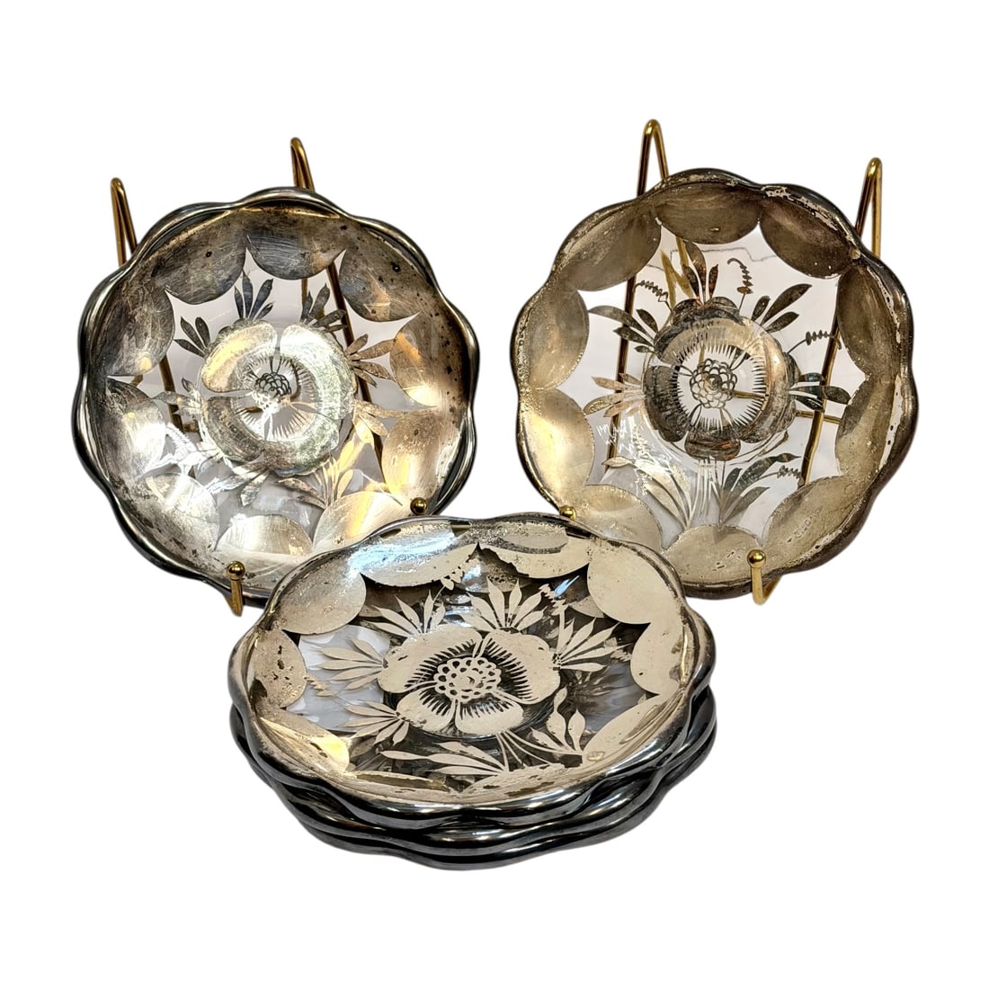 Lot of 5 Vintage Sterling Silver Overlay Clear Glass Ruffled Plates Floral Art: A charming set of 5 vintage sterling silver overlay glass small plates, perfect for dessert, bread, or side dishes.Popularized in the early-to-mid 20th century by American glass decorators like Rockwe