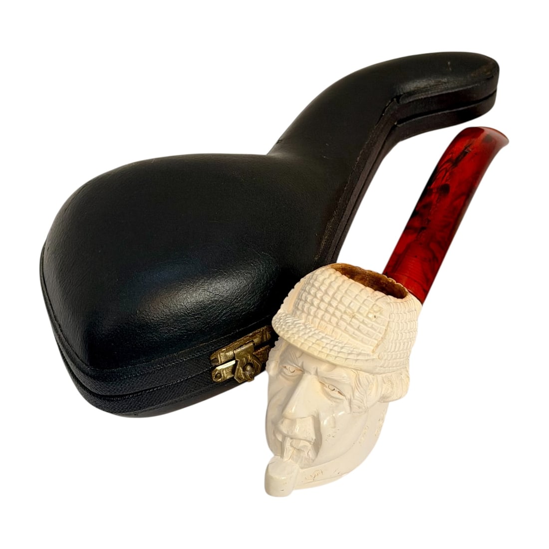 Hand Carved Meerschaum Pipe Man in Hat Figural Tobacco Smoking Pipe Fitted Case: Hand-carved vintage block meerschaum tobacco smoking pipe complete with its original custom-fitted hardshell presentation case.Meerschaum (hydrous magnesium silicate) is a mineral highly prized by pip