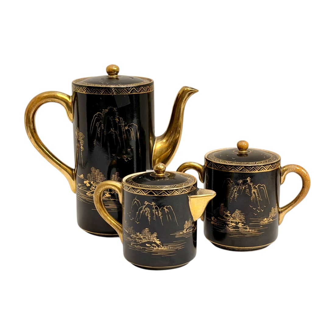 3pc Vintage Japanese Satsuma Black Gold Tea Set Coffee Pot Creamer Sugar Boxed (1 of 5)