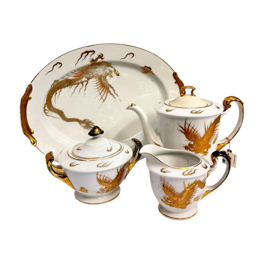 Made in Occupied Japan Aito China Dragon Tea Set Platter Teapot Creamer Sugar: A highly collectible 4-piece vintage porcelain coffee and tea service set manufactured by Aito China during the post-WWII American military presence.Dating strictly between 1947 and 1952, each piece i