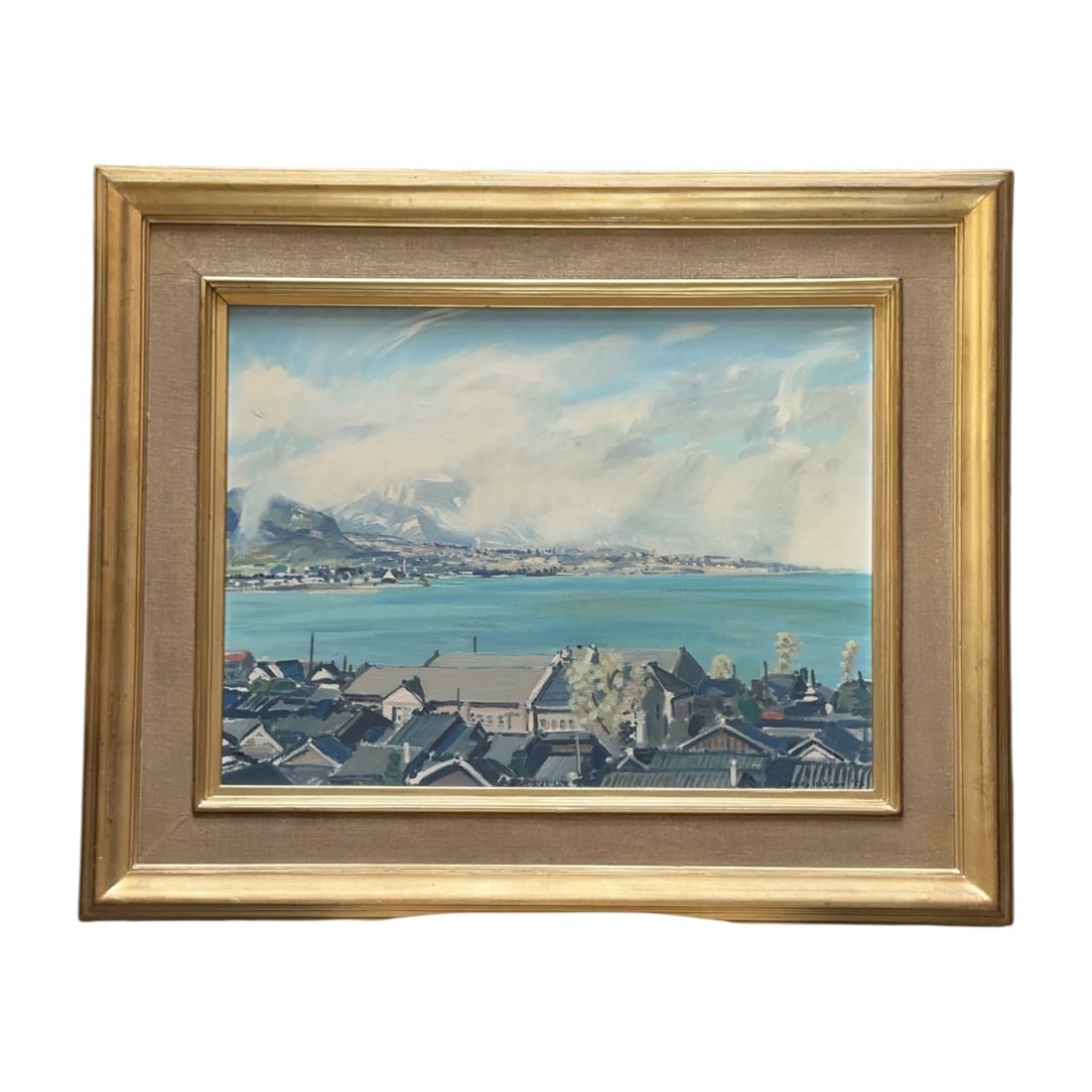 Shigehiko Ishikawa 1956 Lake Biwa Oil Painting Japanese Showa Landscape Framed: A magnificent, highly serene Mid-Century Y?ga (Western-style) oil painting by the prominent Japanese landscape master Shigehiko Ishikawa (1909–1994).Dated 1956, the piece is titled "Spring at Lake B
