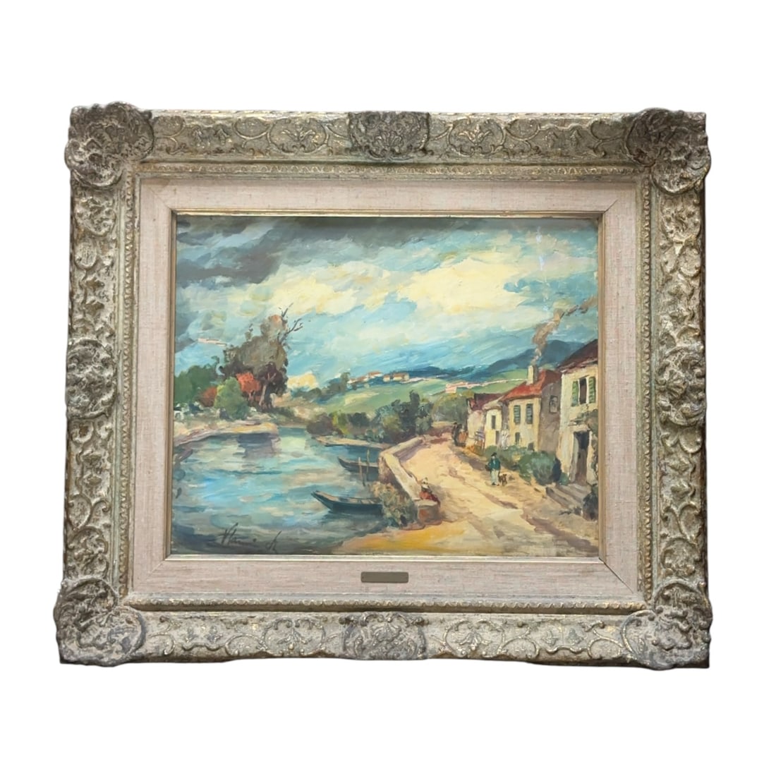 Alois Hanisch Impressionist Oil Painting European River Village Landscape Signed: Authentic late-19th to early-20th-century impressionist landscape oil painting executed on wooden panel board.The composition beautifully captures a picturesque European riverside village scene by lis