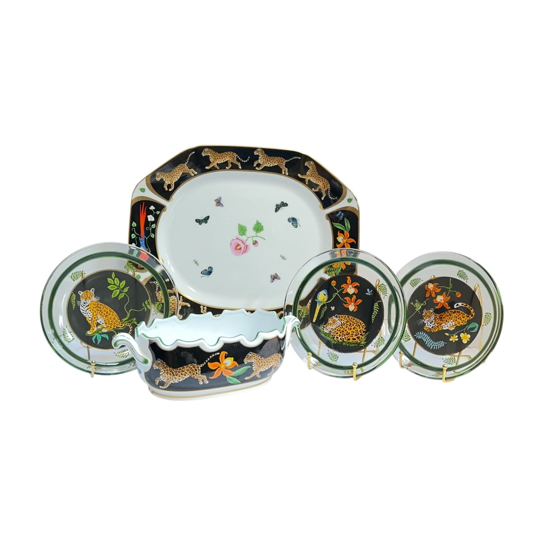 Lynn Chase Jaguar Jungle Serving Platter Saucer Bowl Gold Porcelain Set 5pc: A highly striking, luxury 5-piece porcelain serving collection from the celebrated "Jaguar Jungle" pattern designed by renowned wildlife artist Lynn Chase.Originally introduced in 1988, this prestigio