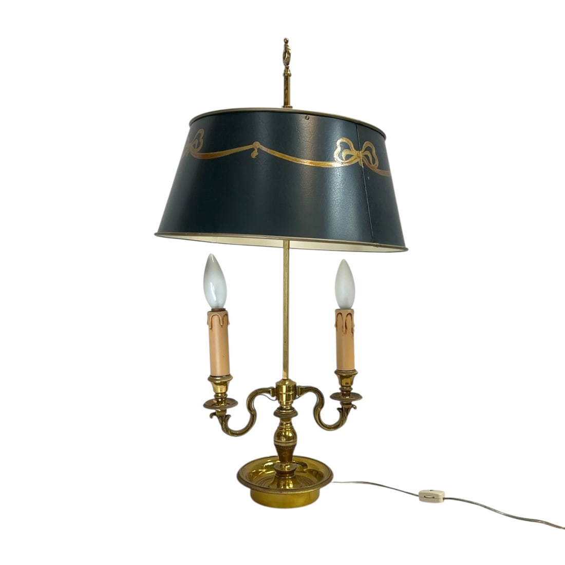 Vintage French Bouillotte Desk Lamp Tole Shade Brass 2 Light Candelabra Empire Style: An elegant vintage French Empire style bouillotte desk lamp complete with its iconic adjustable metal shade.Dating from the mid-to-late 20th century, the lamp is modeled after classic 18th-century Fre
