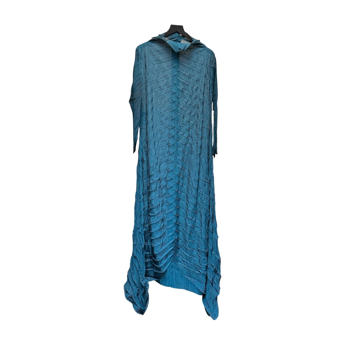 Issey Miyake Pleats Please Teal Green Herringbone Chevron Plisse Maxi Dress: An extraordinary avant-garde textile statement piece from the iconic Pleats Please Issey Miyake collection.Made in Japan, this flowing maxi dress showcases a highly intricate, architectural chevron he