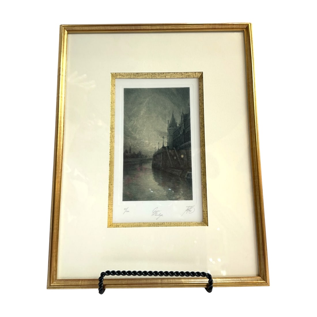 Jean-Michel Noirel Quai de l'Horloge Signed Aquatint Etching Paris Seine Framed: Limited-edition aquatint etching by contemporary French printmaker Jean-Michel Noirel.Titled "Quai de l'Horloge", the vertical composition captures a dramatic, nocturnal view along the historic riverb