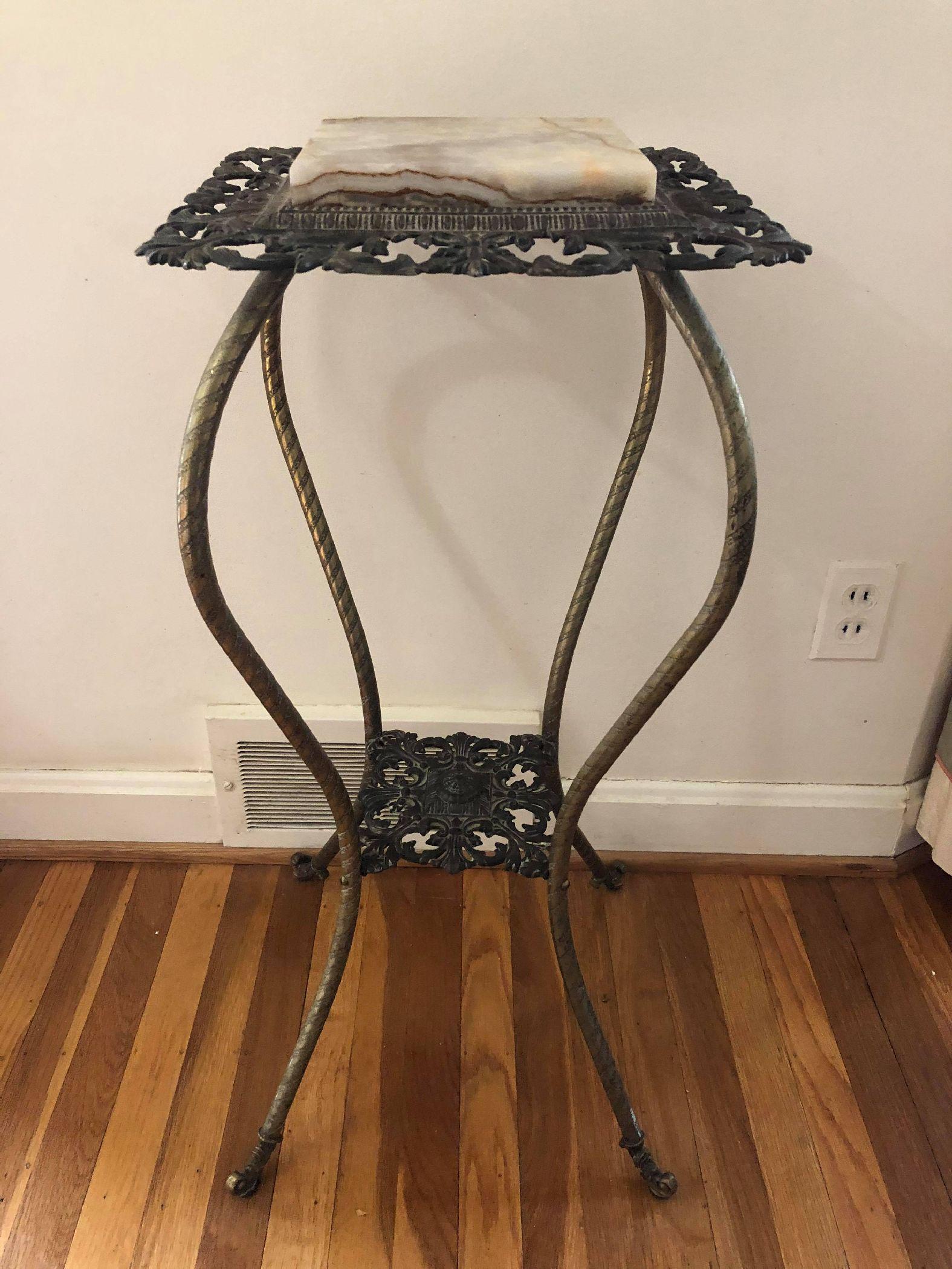 Antique Turkish Marble Ornate Metal Plant Stand: Antique Turkish Marble Ornate Metal Plant Stand