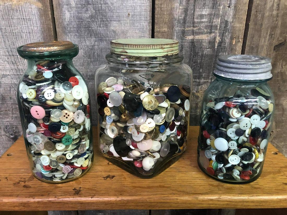 Trio Of Glass Jars With Buttons: Trio Of Glass Jars With Buttons