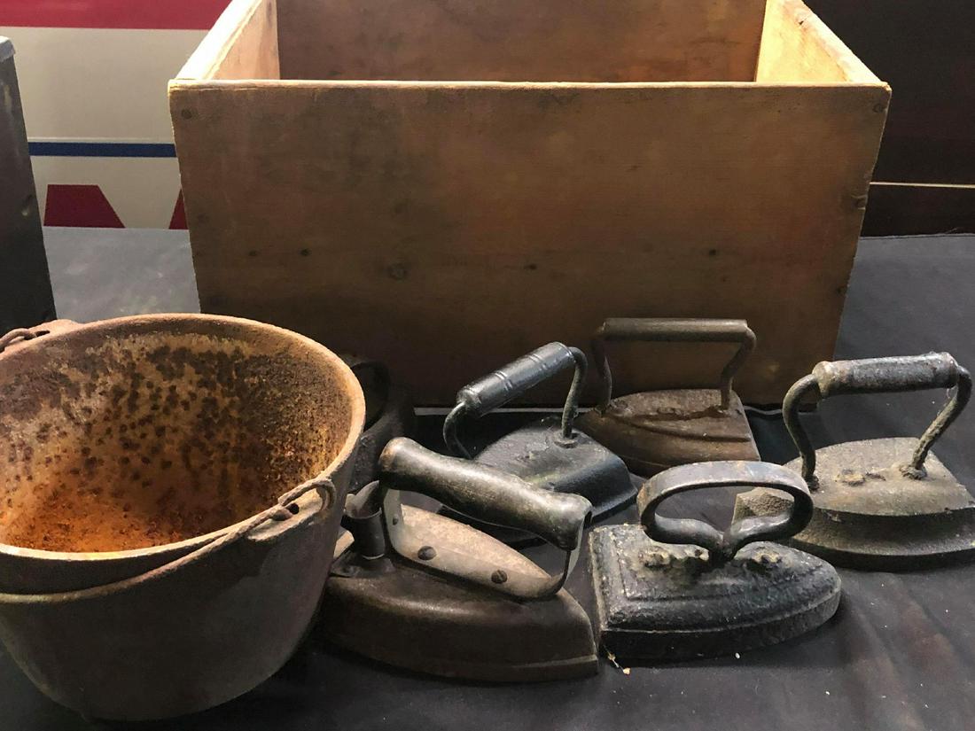 Collection Of Cast Iron Irons/Kettle & Wooden Crate: Collection Of Cast Iron Irons/Kettle & Wooden Crate