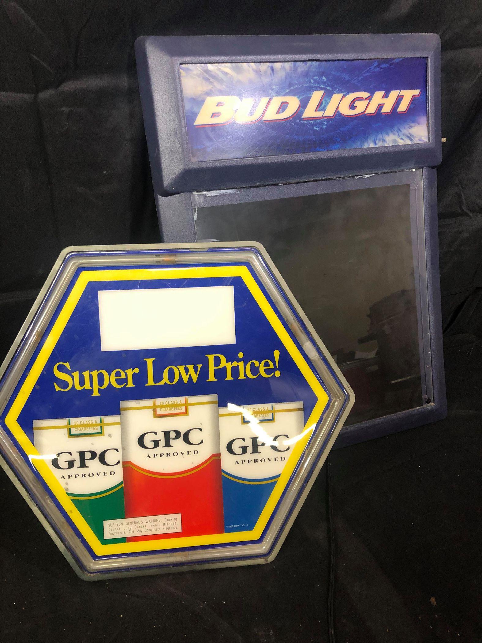 Bud Light & GPC Cigarettes Signs: Bud Light & GPC Cigarettes Signs