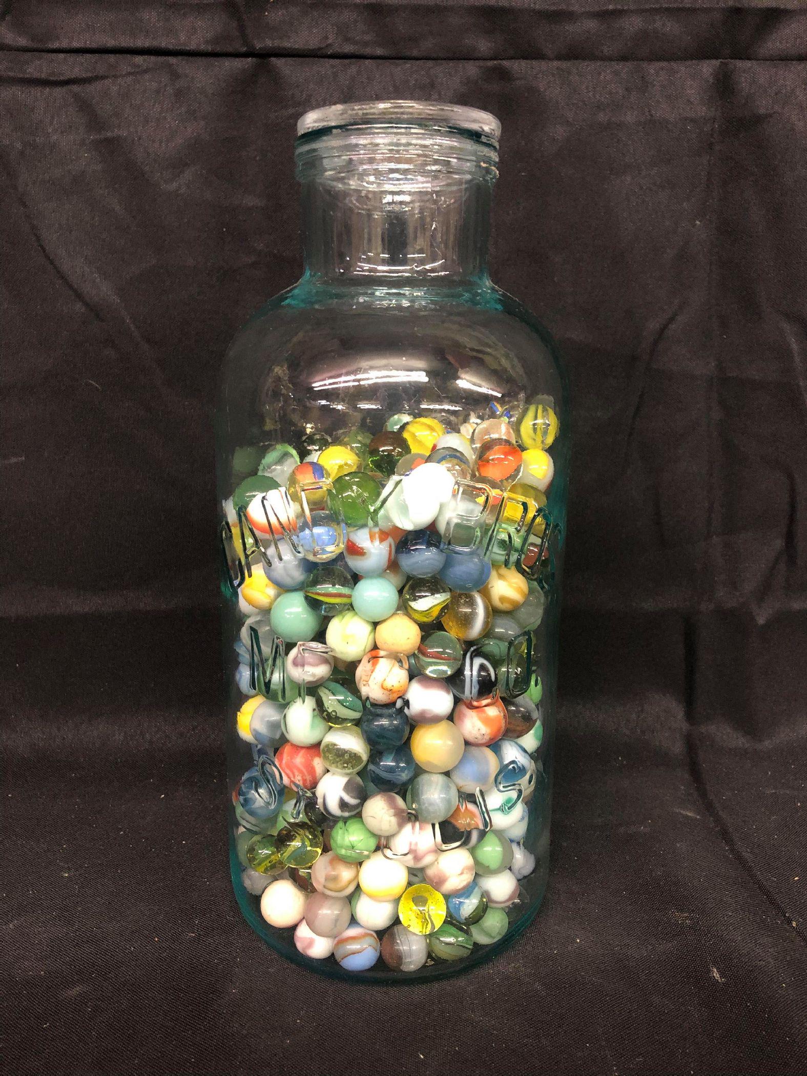 Candy Bros. Mfg. Co. St. Louis Glass Jar Of Marbles: Candy Bros. Mfg. Co. St. Louis Glass Jar Of Marbles With Lid