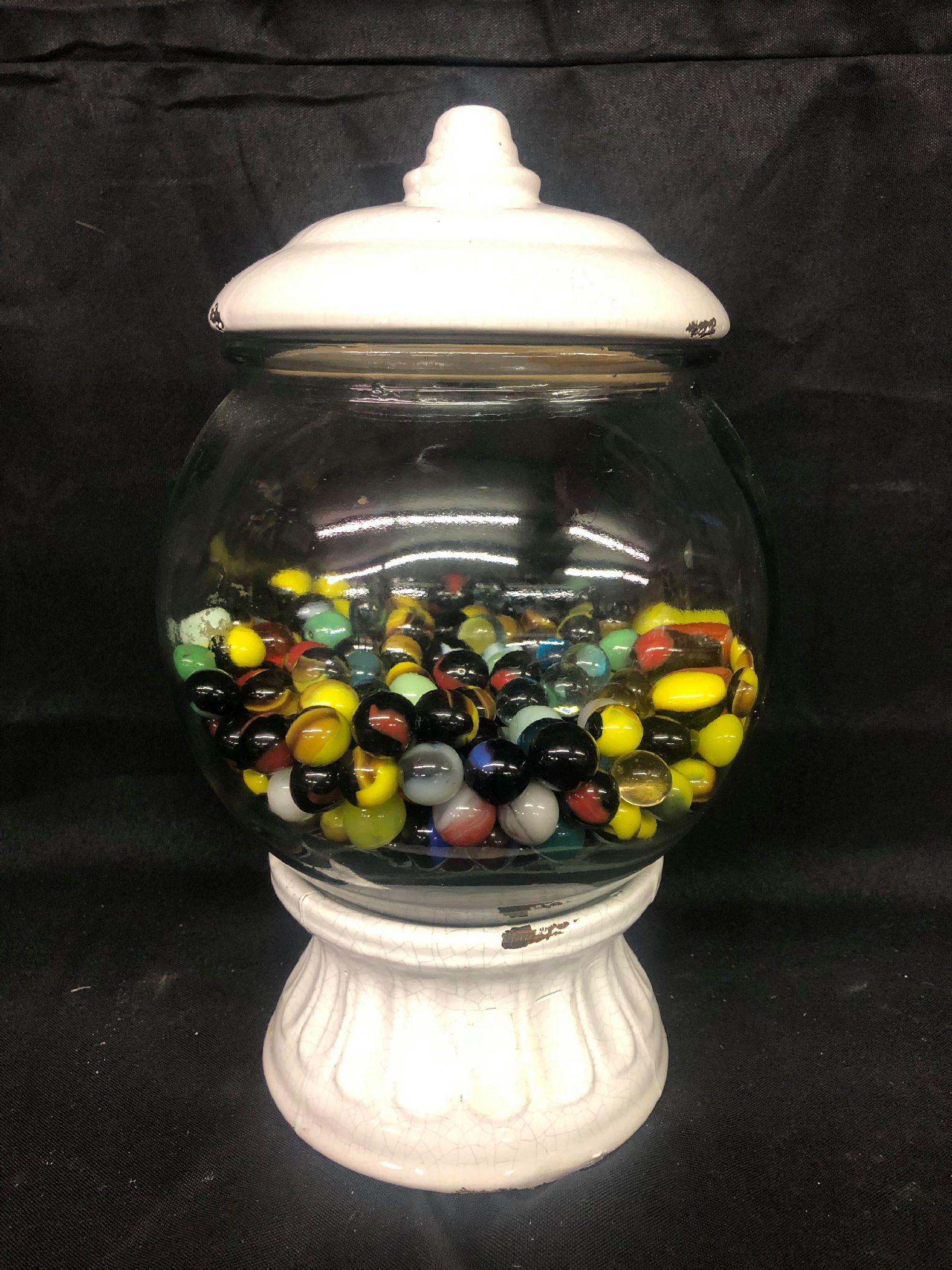 Porcelain/Glass Gumball Machine Style Jar/Container: Porcelain/Glass Gumball Machine Style Jar/Container With Marbles