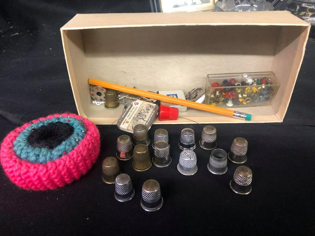 Thimbles/Spool/Old Photograph/Sewing Supplies: Thimbles/Spool/Old Photograph/Sewing Supplies