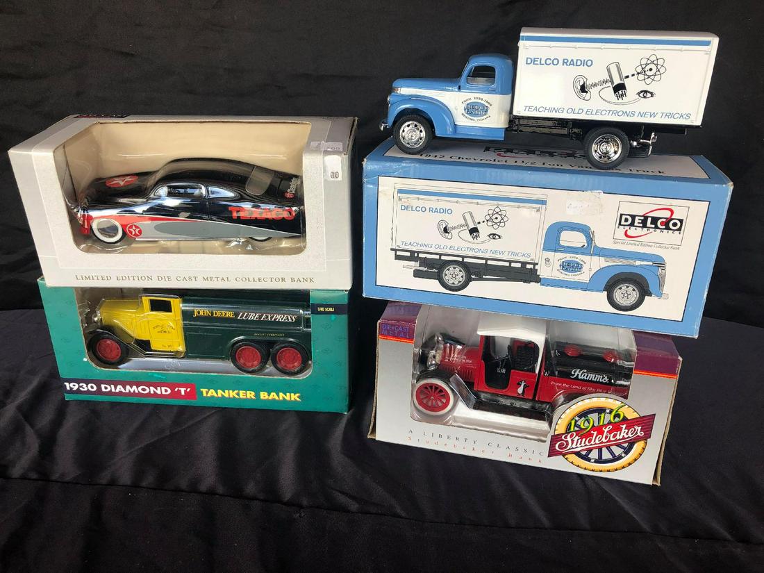 Die Cast Texaco Bank, 1930 John Deere Tanker Bank,: Die Cast Texaco Bank, 1930 John Deere Tanker Bank, Studebaker Bank & Delco Delivery Truck