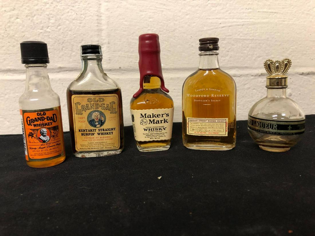 Miniature/Sampler Bourbon Bottles Old Grandad, Maker's: Miniature/Sampler Bourbon Bottles Old Grandad, Maker's Mark, Woodford Reserve