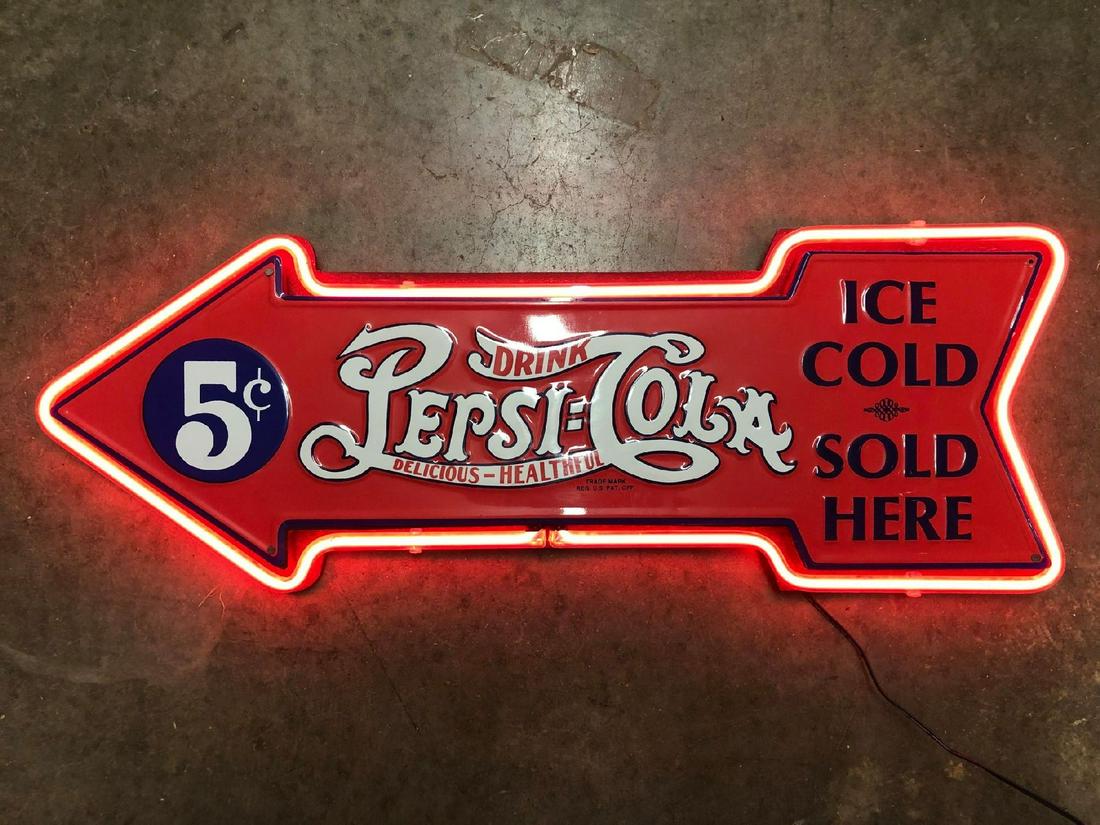 Neon Pepsi-Cola "Ice Cold Sold Here" Arrow Sign: Neon Pepsi-Cola "Ice Cold Sold Here" Arrow Sign