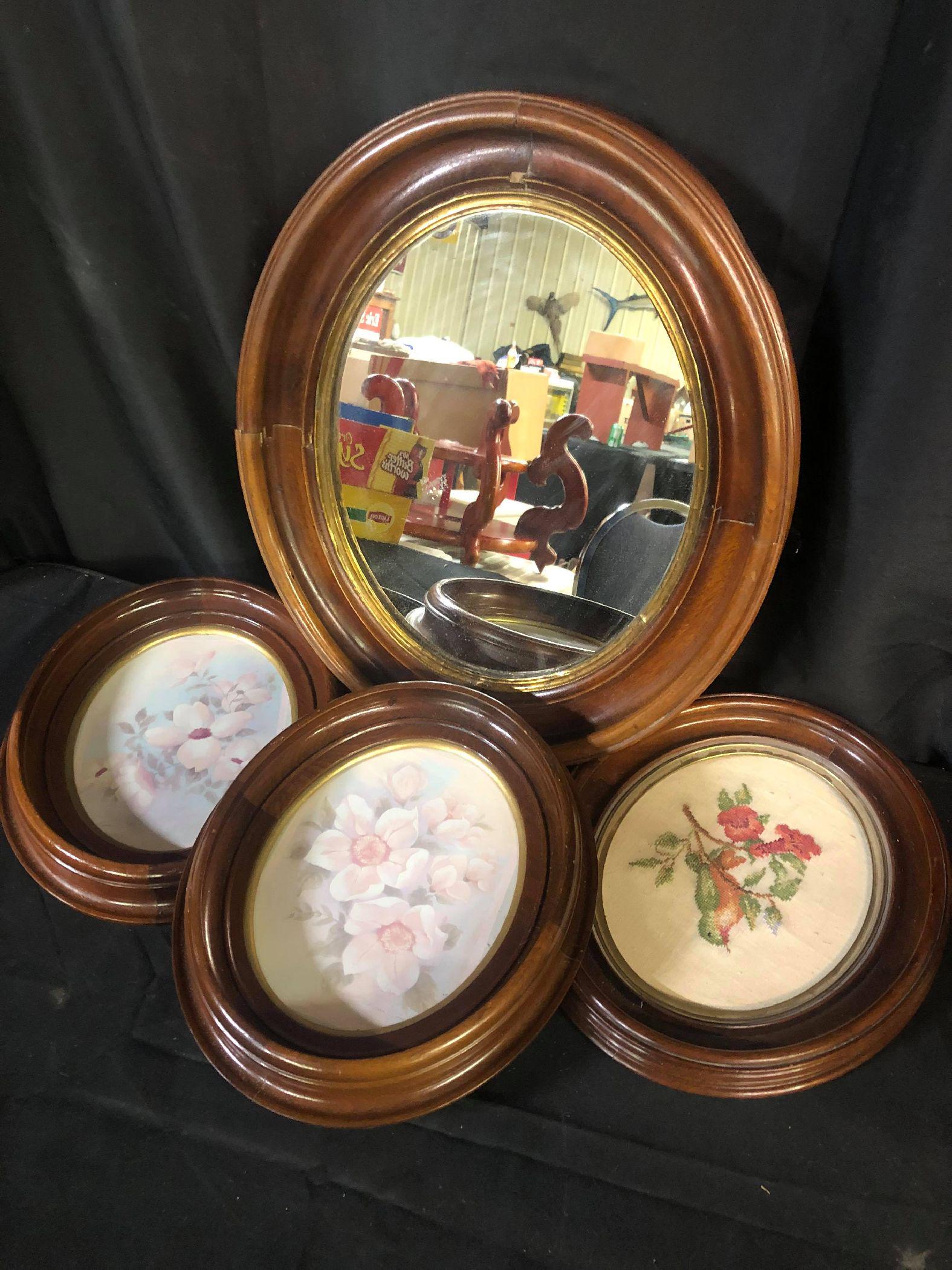 Group Of Oval Cherry Framed Prints, Needlepoint &: Group Of Oval Cherry Framed Prints, Needlepoint & Mirror