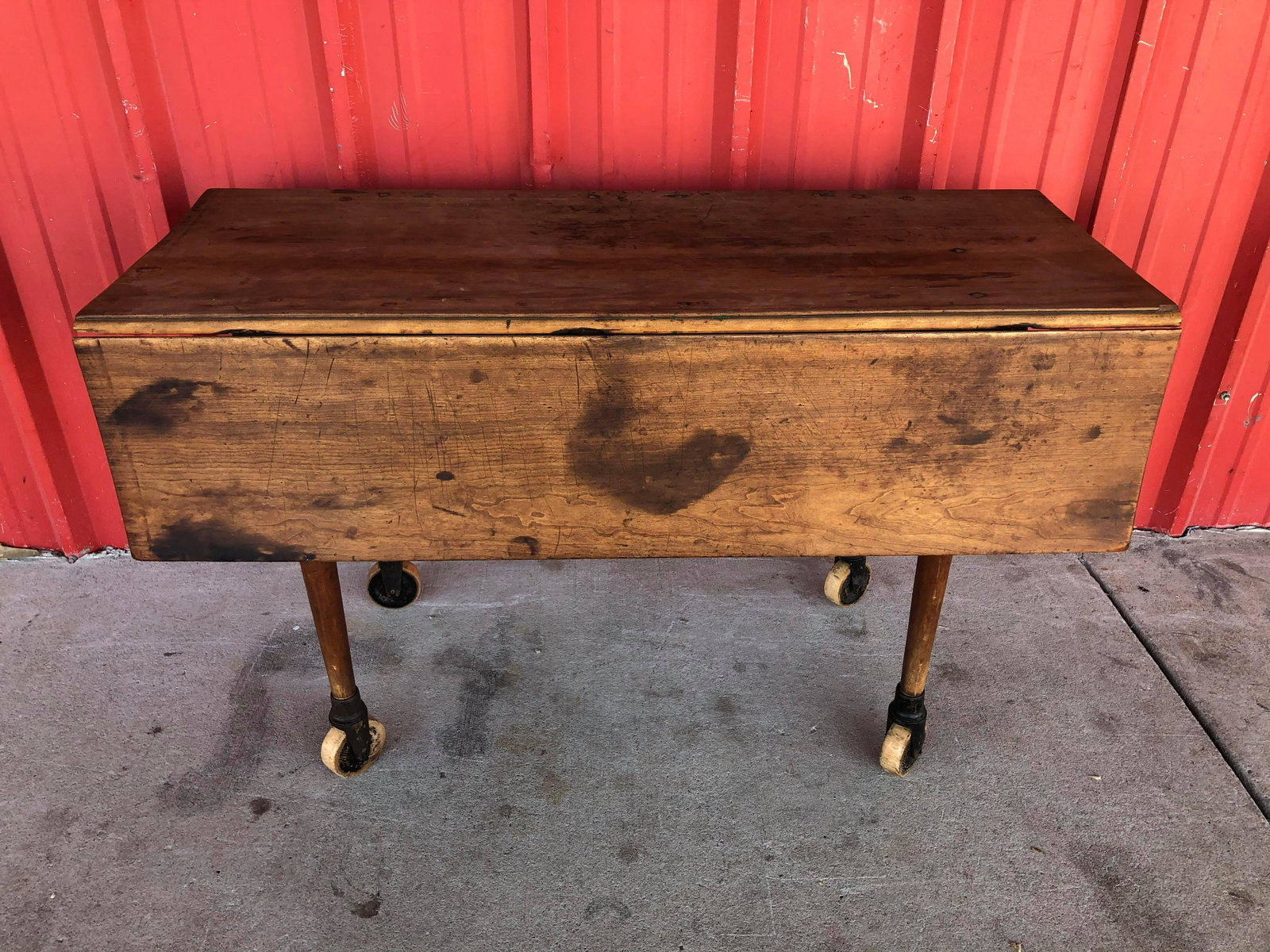 Early Shaker Dropleaf Table With Drawer And Wooden/Cast: Early Shaker Dropleaf Table With Drawer And Wooden/Cast Iron Casters Bought From Amish Auction In Upstate NY