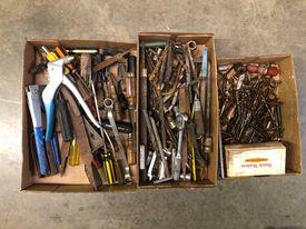 3 Box Lots Misc Tools including Drill bits, Screw: 3 Box Lots Misc Tools including Drill bits, Screw Drivers, Rivet Gun