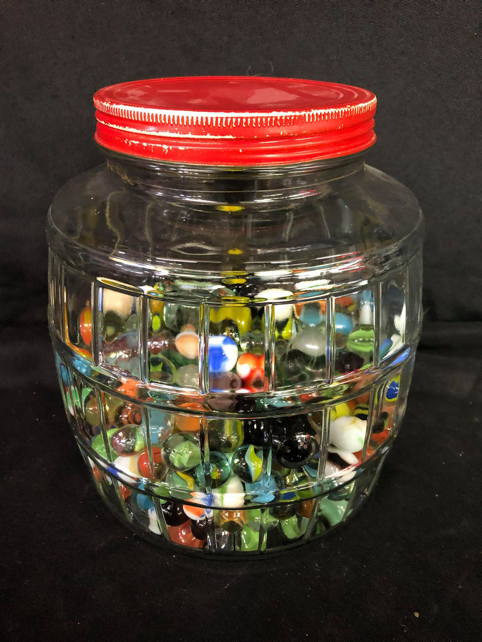 Barrel Style Jar Of Marbles: Barrel Style Jar Of Marbles