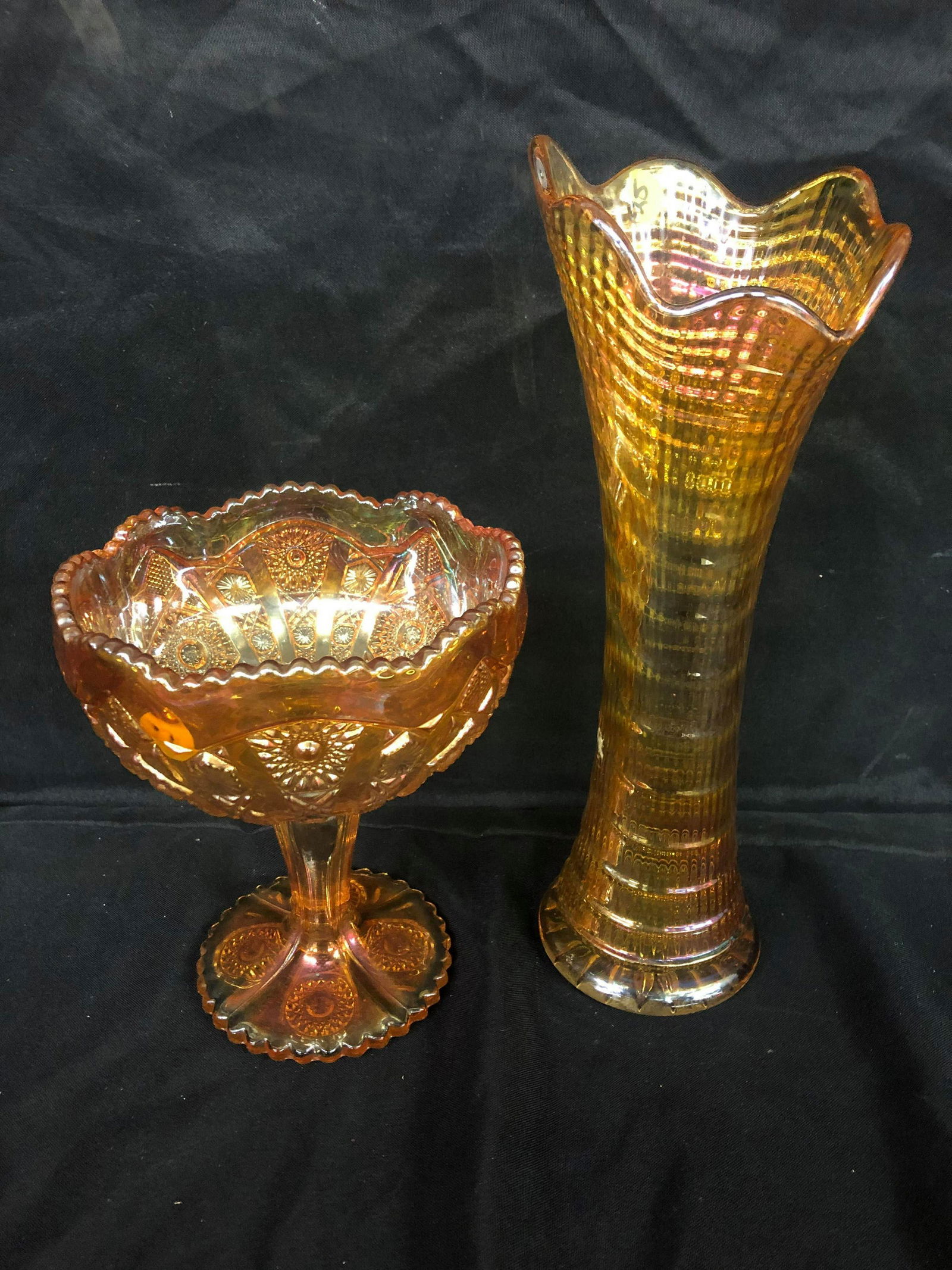 CARNIVAL GLASS COMPOTE AND VASE (1 of 1)
