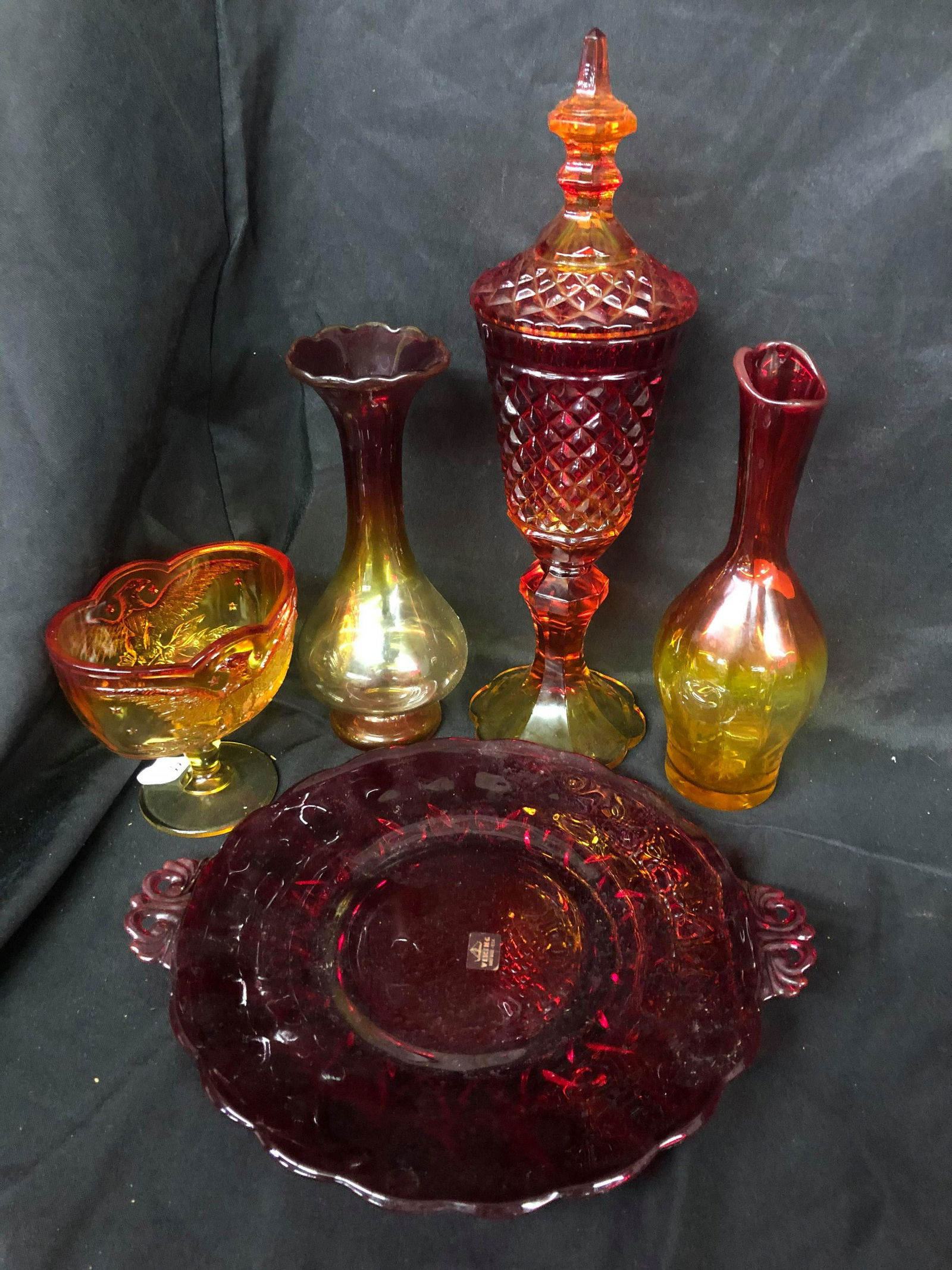 REDWARE COMPOTE AND PLATES, VASES: REDWARE COMPOTE AND PLATES, VASES